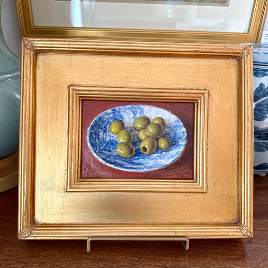 Youqing Wang Green Olives in Blue and White Bowl Still Life Oil Painting in Gold Frame