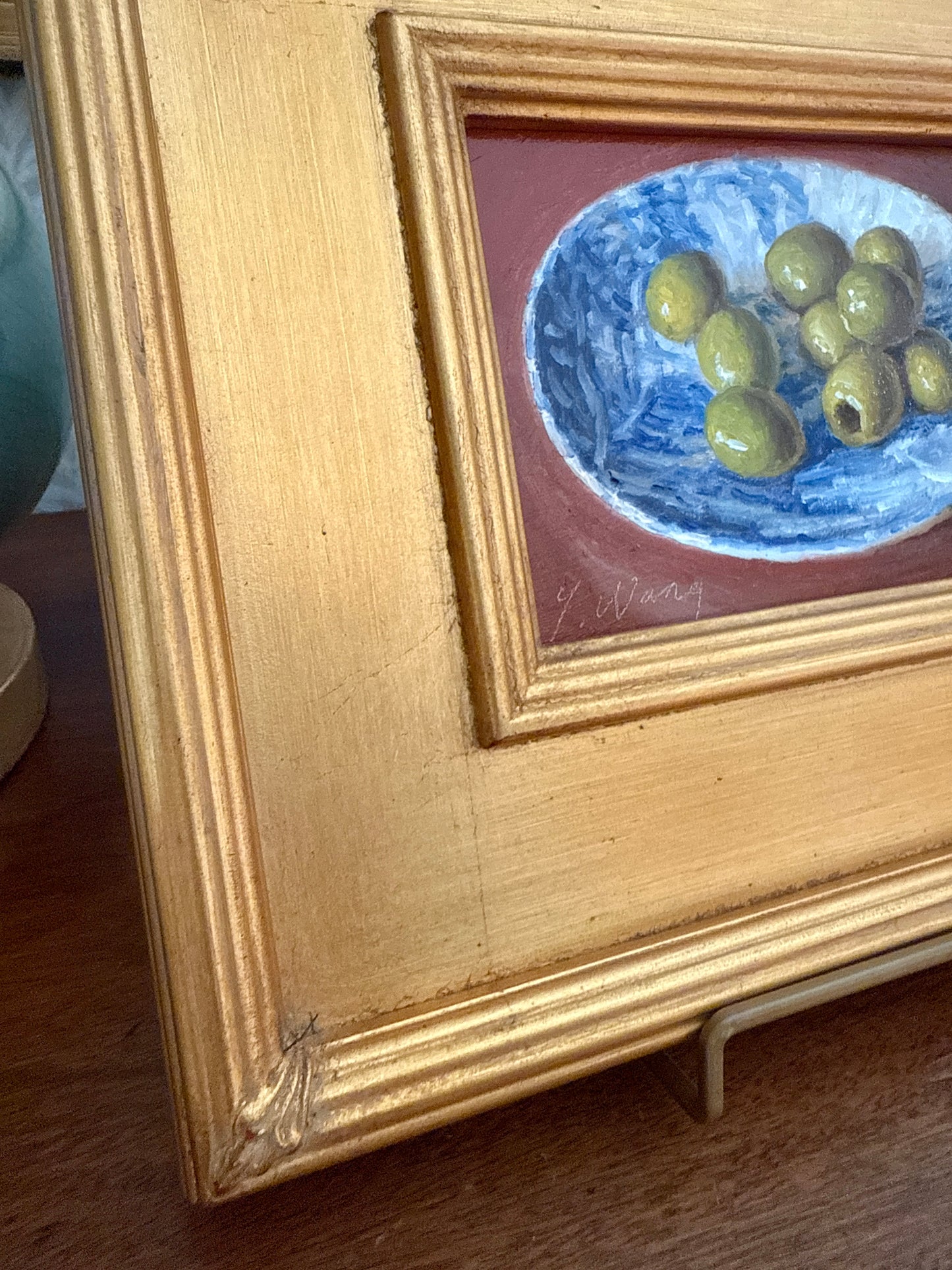 Youqing Wang Green Olives in Blue and White Bowl Still Life Oil Painting in Gold Frame