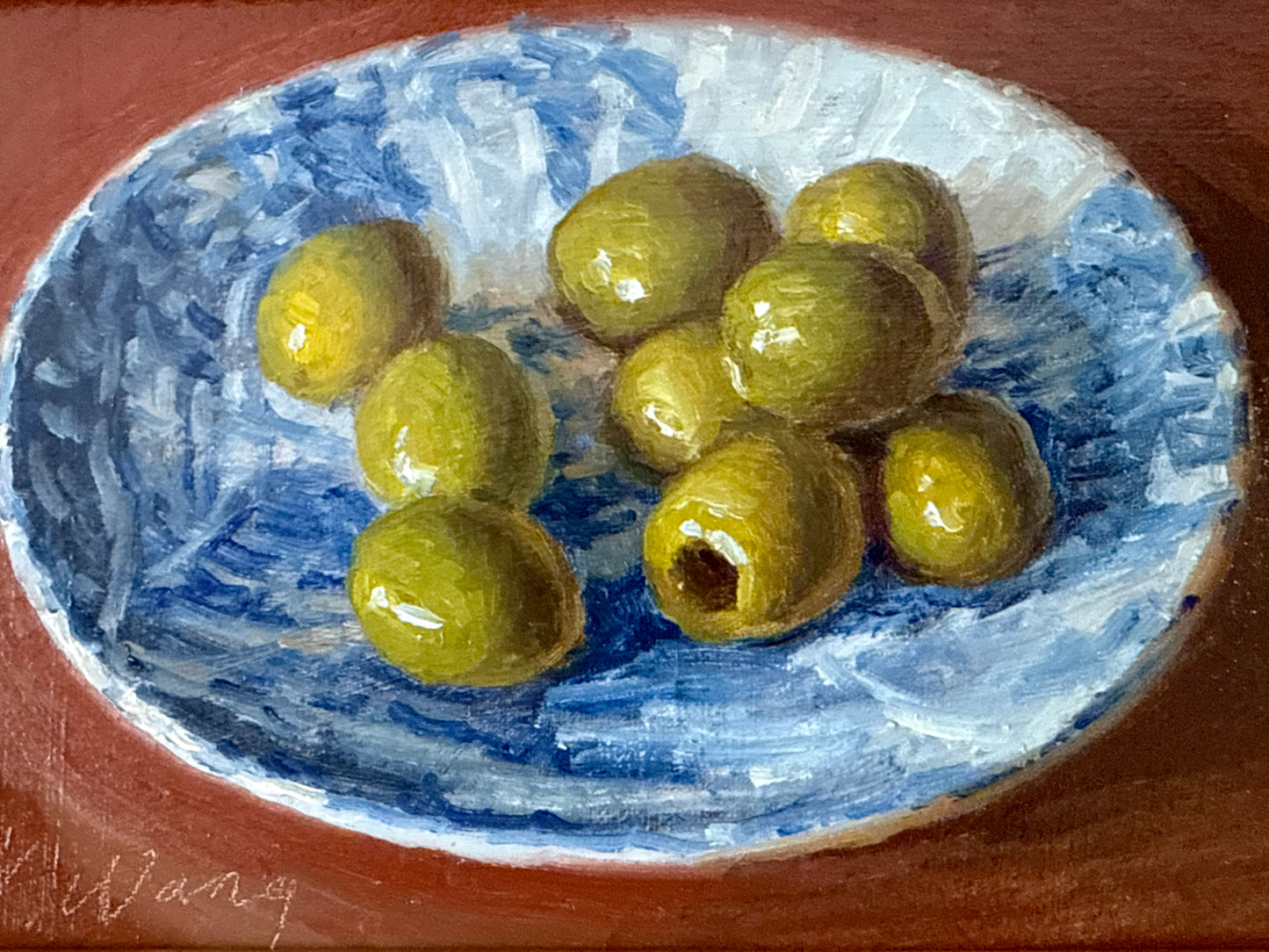 Youqing Wang Green Olives in Blue and White Bowl Still Life Oil Painting in Gold Frame