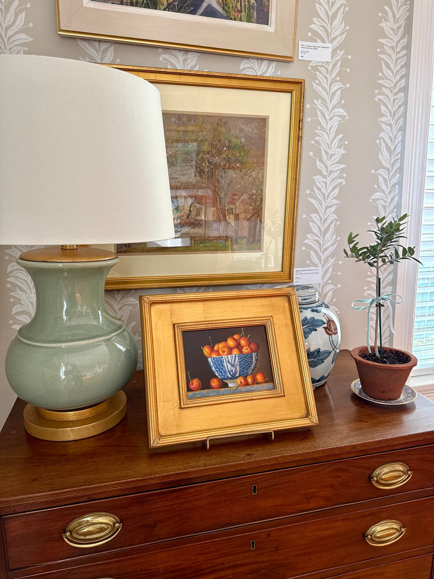 Rainier Cherries in Blue and White Bowl Still Life Oil Painting in Gold Frame