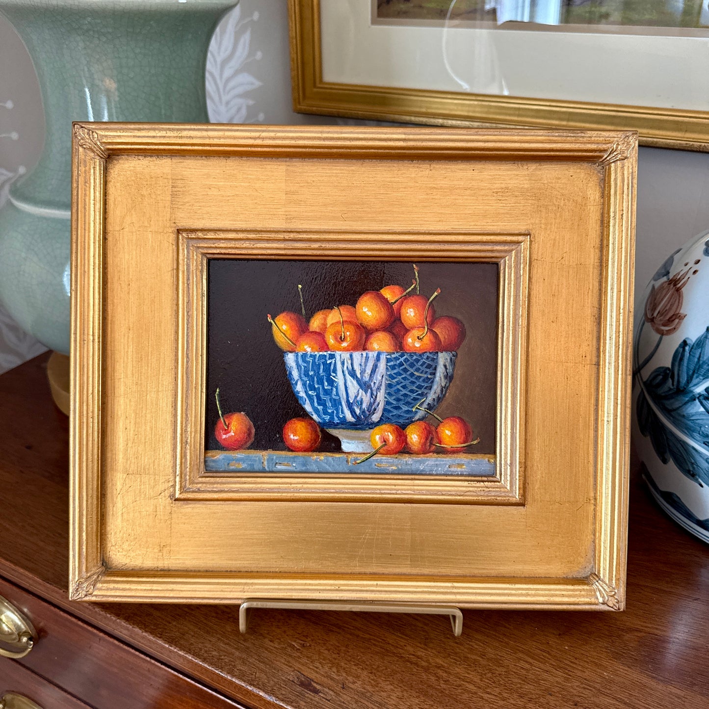 Rainier Cherries in Blue and White Bowl Still Life Oil Painting in Gold Frame