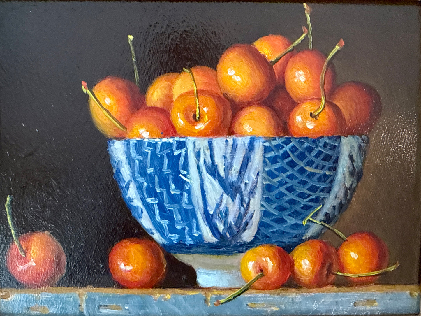 Rainier Cherries in Blue and White Bowl Still Life Oil Painting in Gold Frame