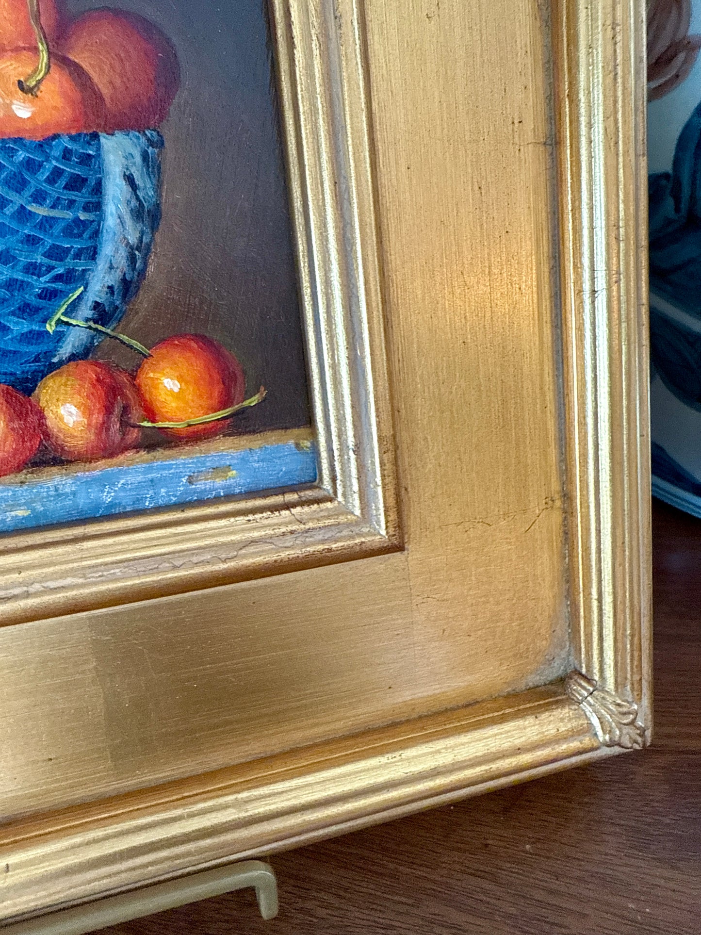Rainier Cherries in Blue and White Bowl Still Life Oil Painting in Gold Frame