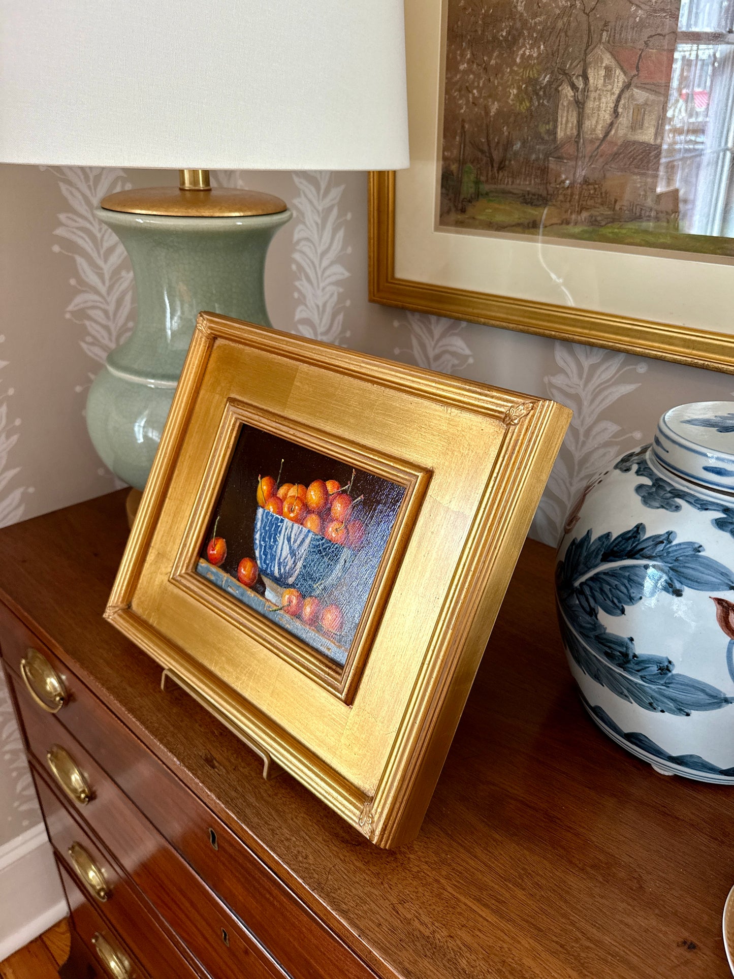 Rainier Cherries in Blue and White Bowl Still Life Oil Painting in Gold Frame