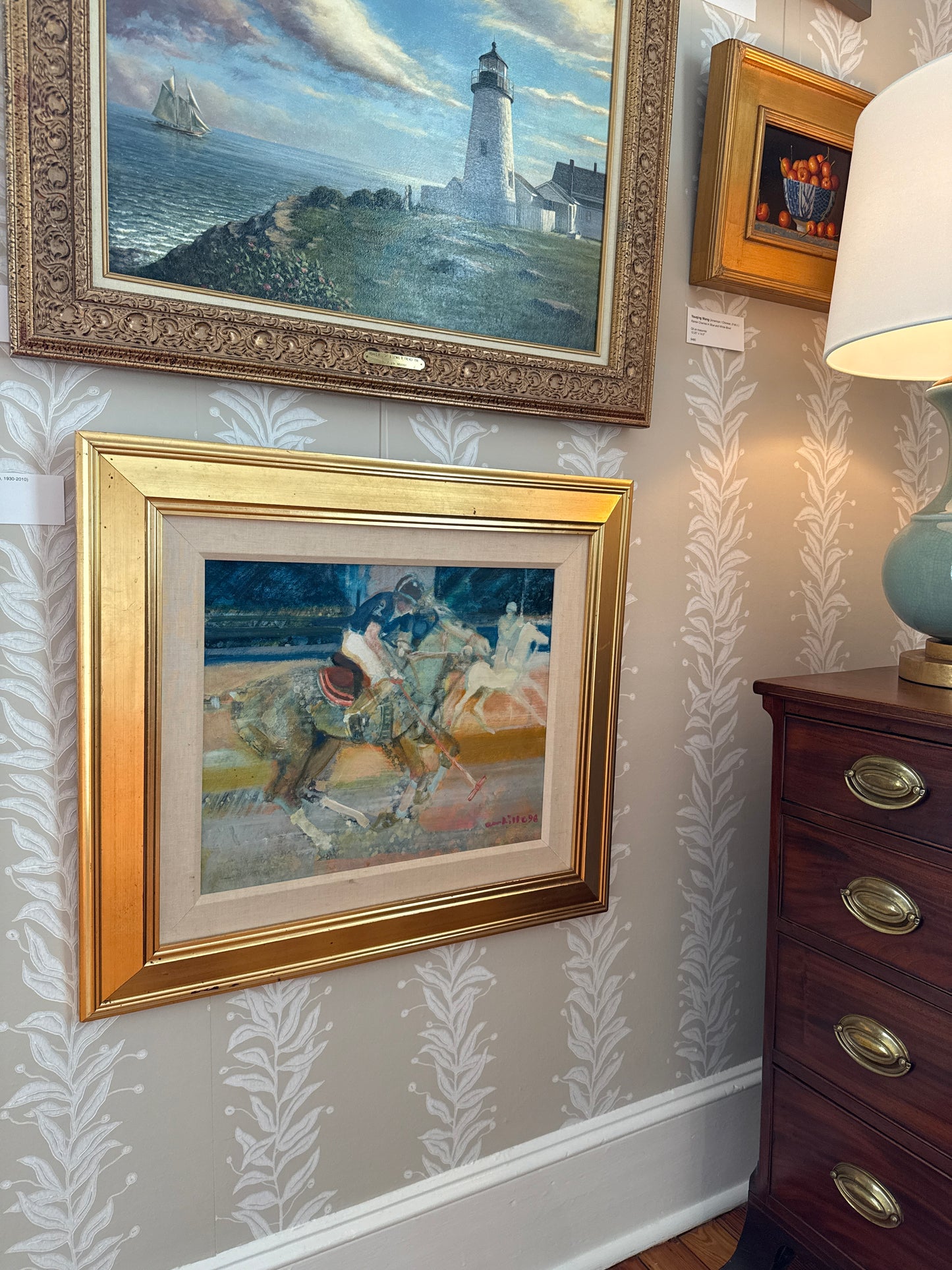 Paul Ambille Le Poloistes Polo Horse and Rider Oil Painting in Gold Frame