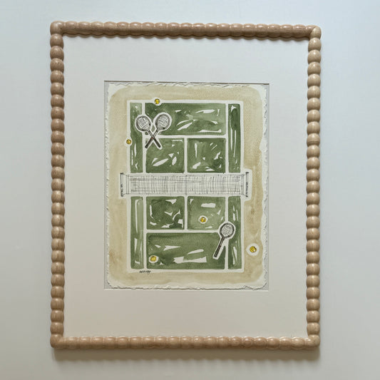 Sharon Garlepp Green Court Tennis Time Watercolor in Natural Wood Bobbin Frame