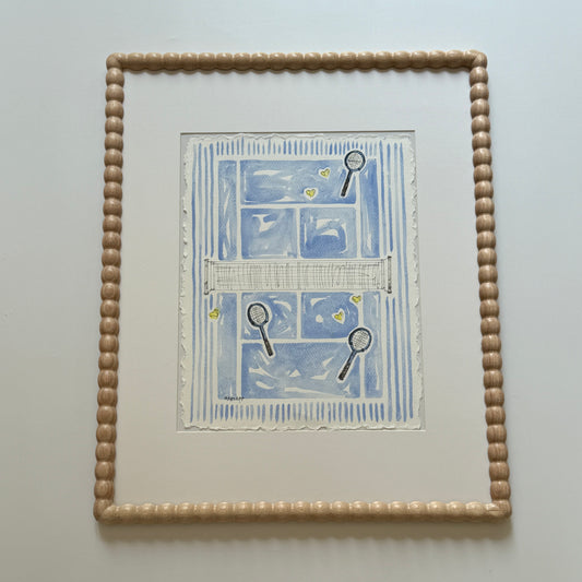 Sharon Garlepp Blue White Court Tennis Time Watercolor Painting in Natural Wood Bobbin Frame