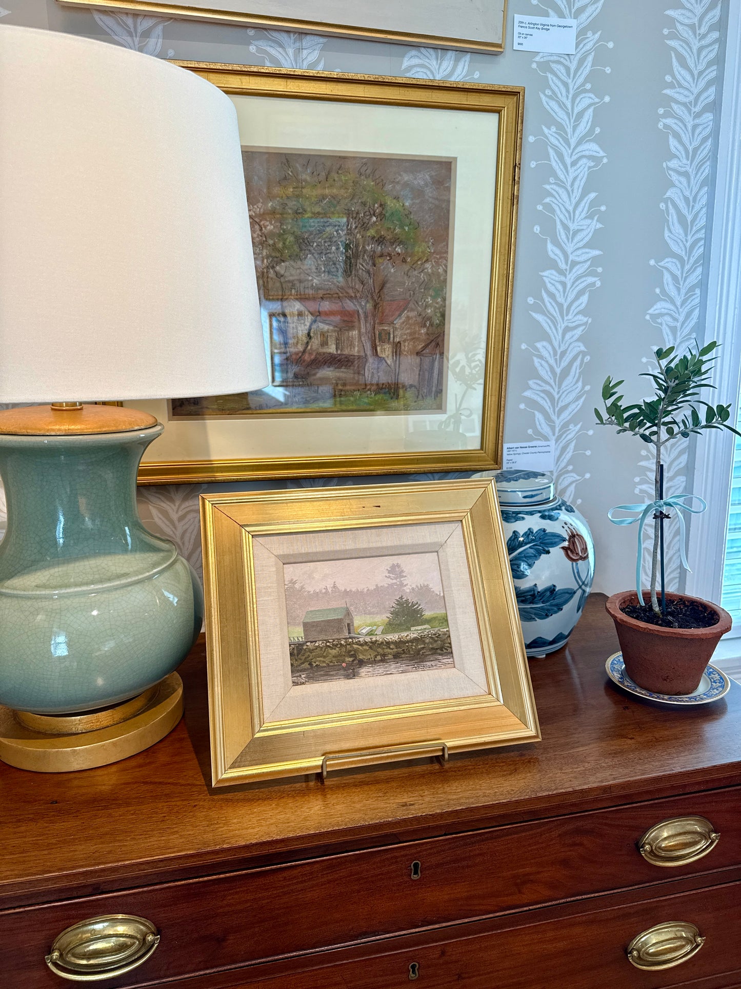 William Brewster Hoyt Boat House New England Oil Painting in Gold Frame