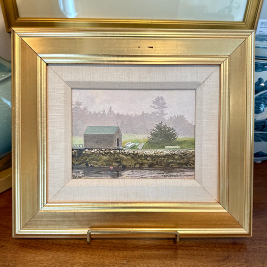 William Brewster Hoyt Boat House New England Oil Painting in Gold Frame