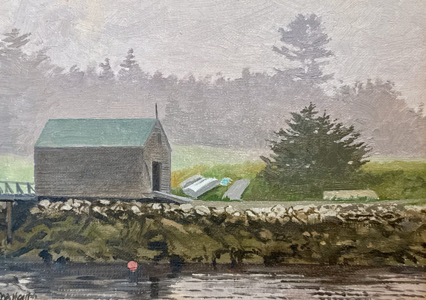 William Brewster Hoyt Boat House New England Oil Painting in Gold Frame