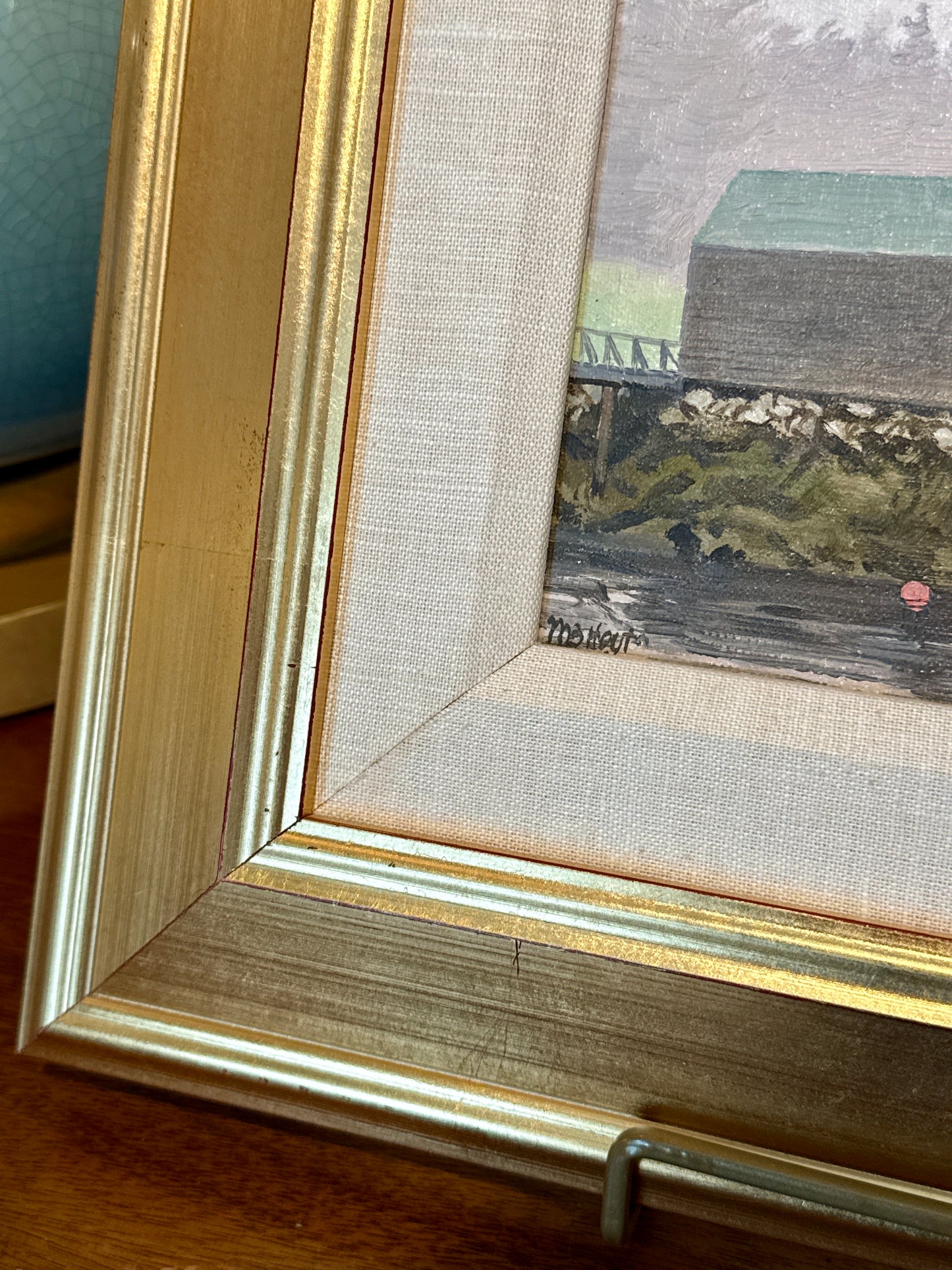 William Brewster Hoyt Boat House New England Oil Painting in Gold Frame