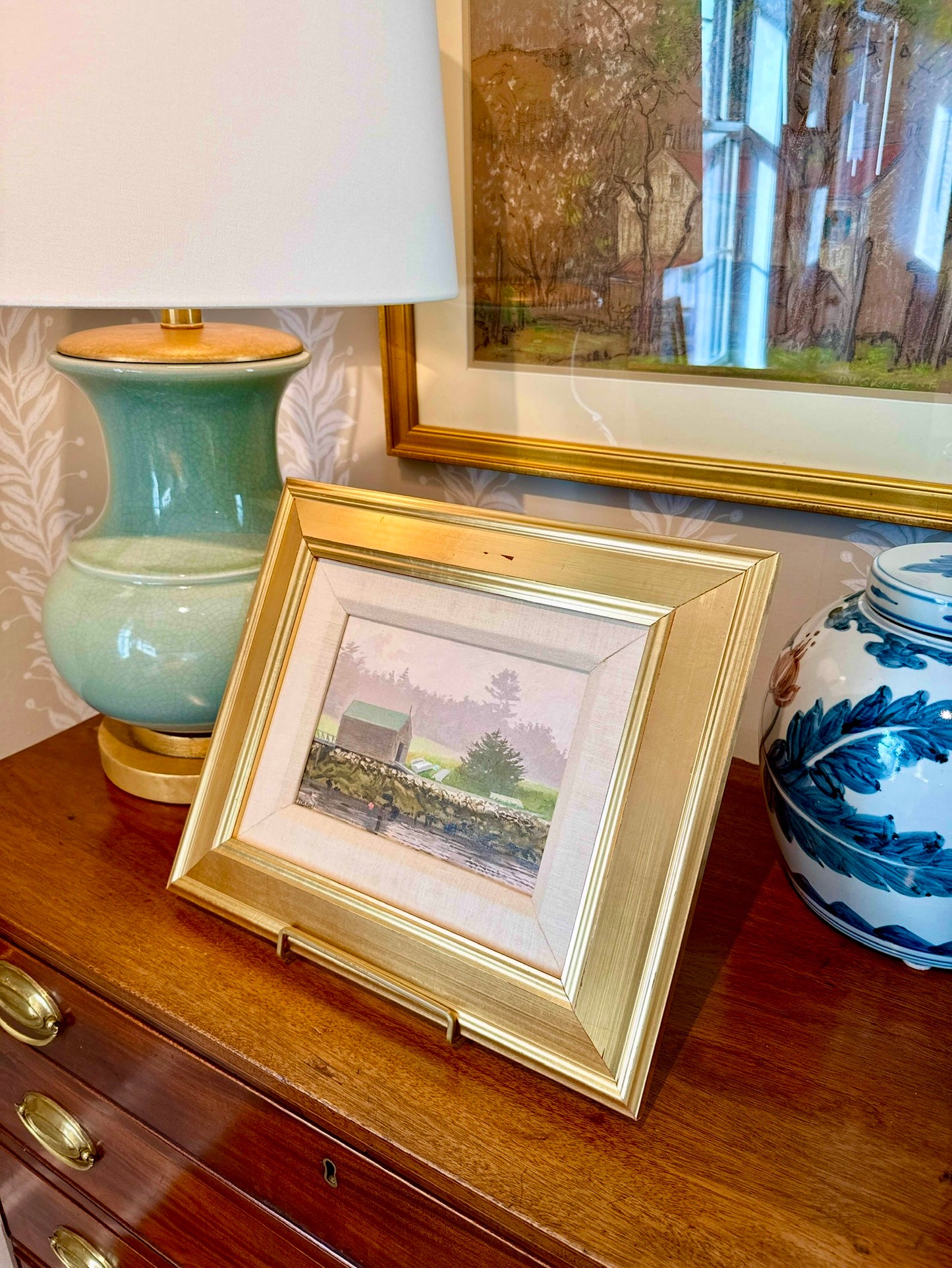 William Brewster Hoyt Boat House New England Oil Painting in Gold Frame