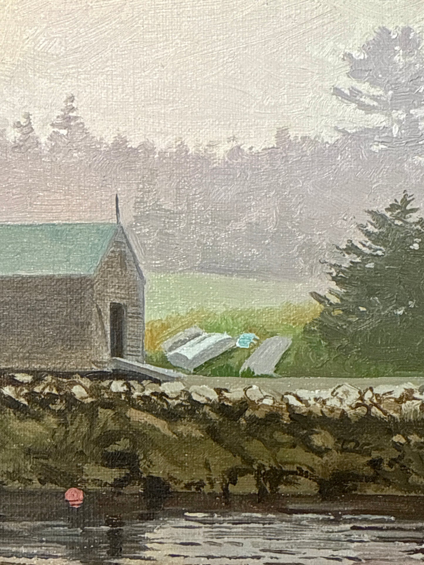 William Brewster Hoyt Boat House New England Oil Painting in Gold Frame