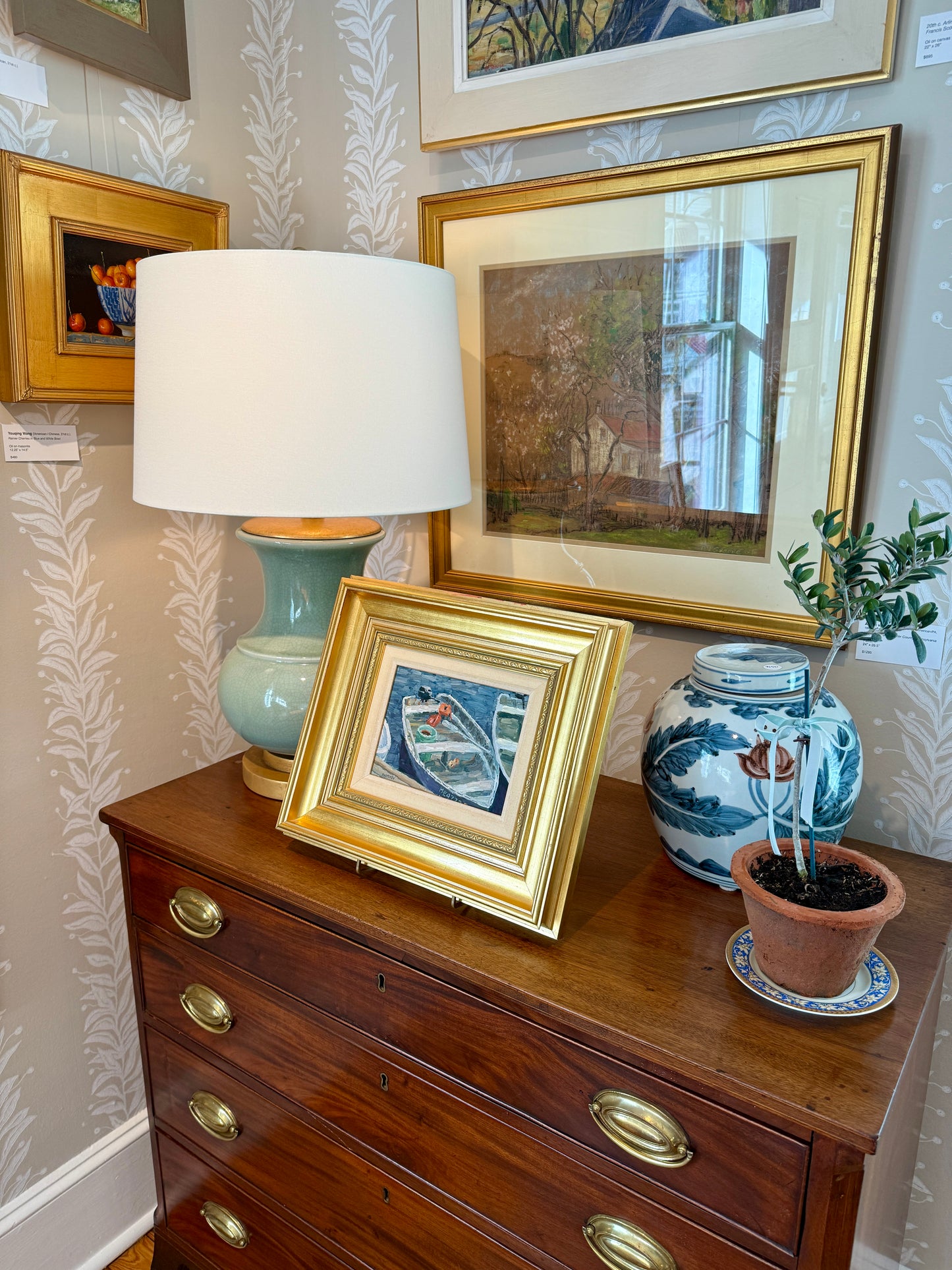 Stefan Pastuhov Stonington Dory Row Boat Oil Painting in Gold Frame