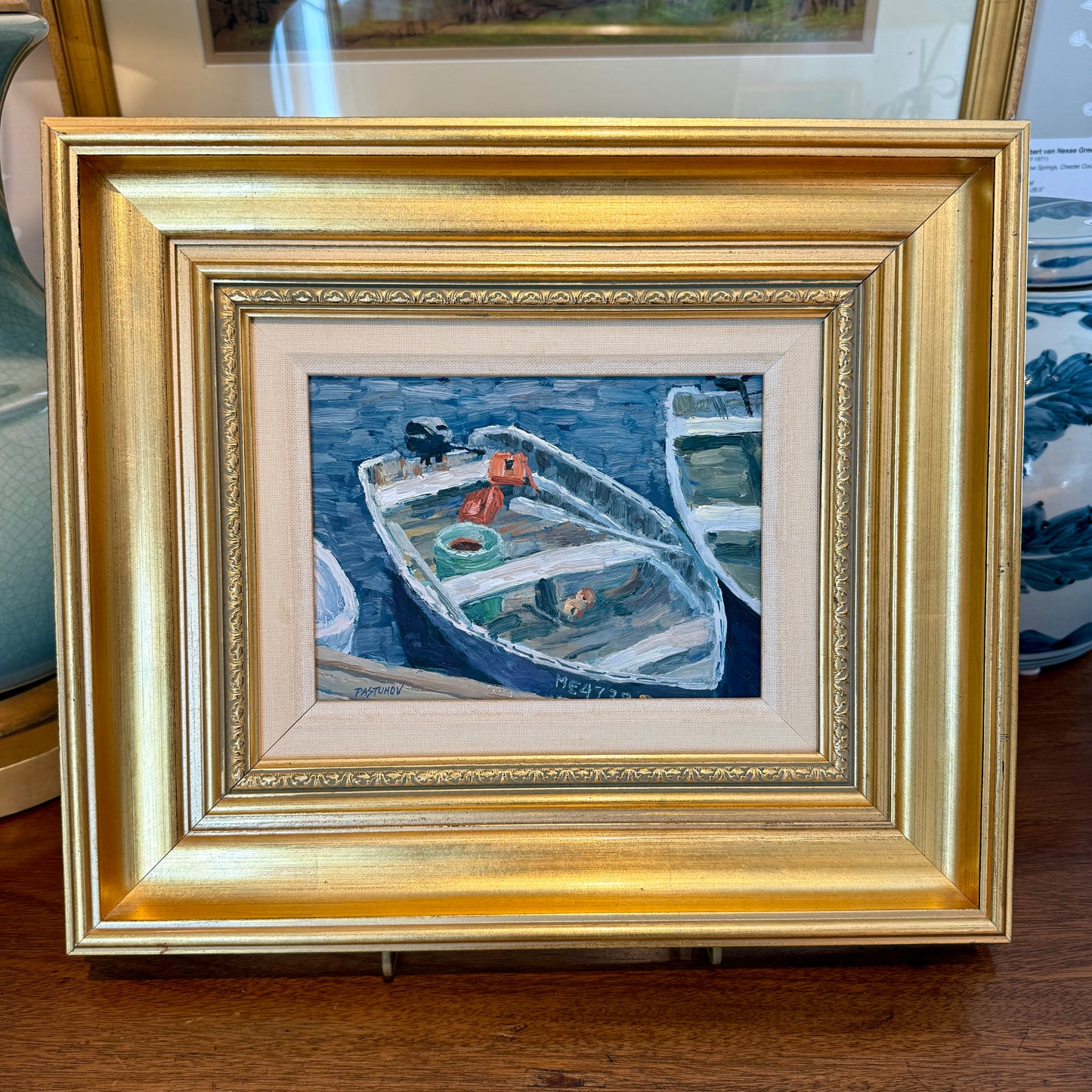 Stefan Pastuhov Stonington Dory Row Boat Oil Painting in Gold Frame