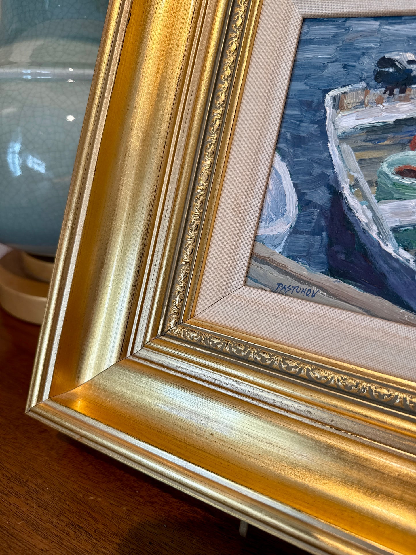 Stefan Pastuhov Stonington Dory Row Boat Oil Painting in Gold Frame