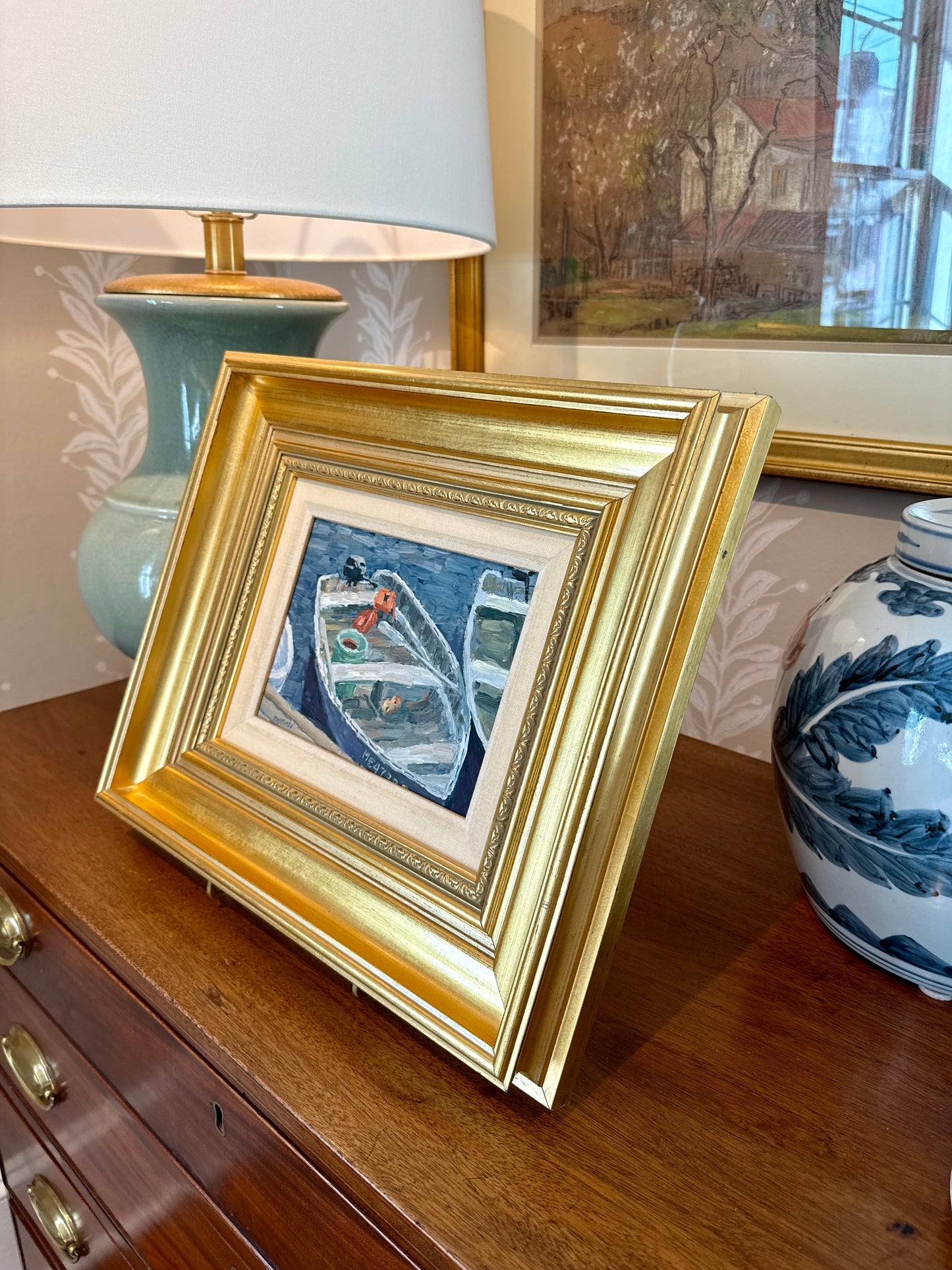 Stefan Pastuhov Stonington Dory Row Boat Oil Painting in Gold Frame