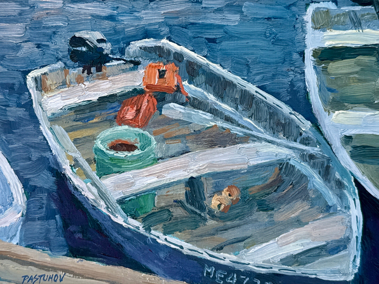 Stefan Pastuhov Stonington Dory Row Boat Oil Painting in Gold Frame