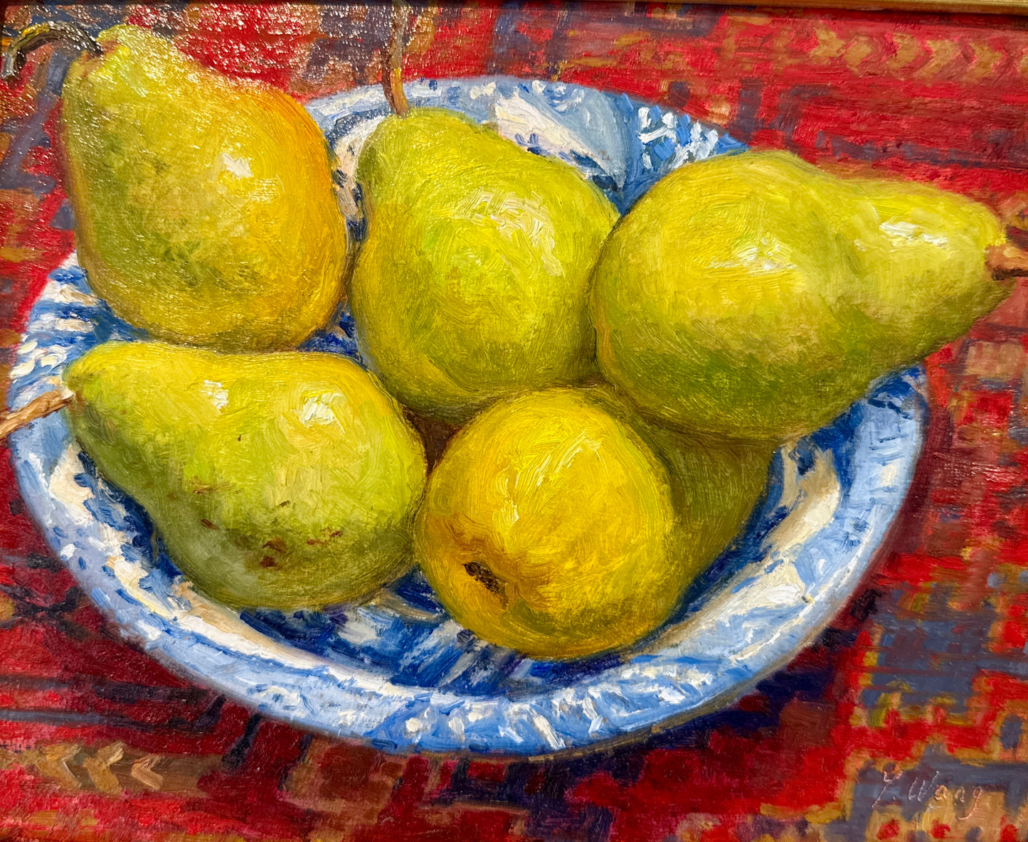 Youqing Wang Pears in Blue and White Bowl on Persian Rug Oil Painting