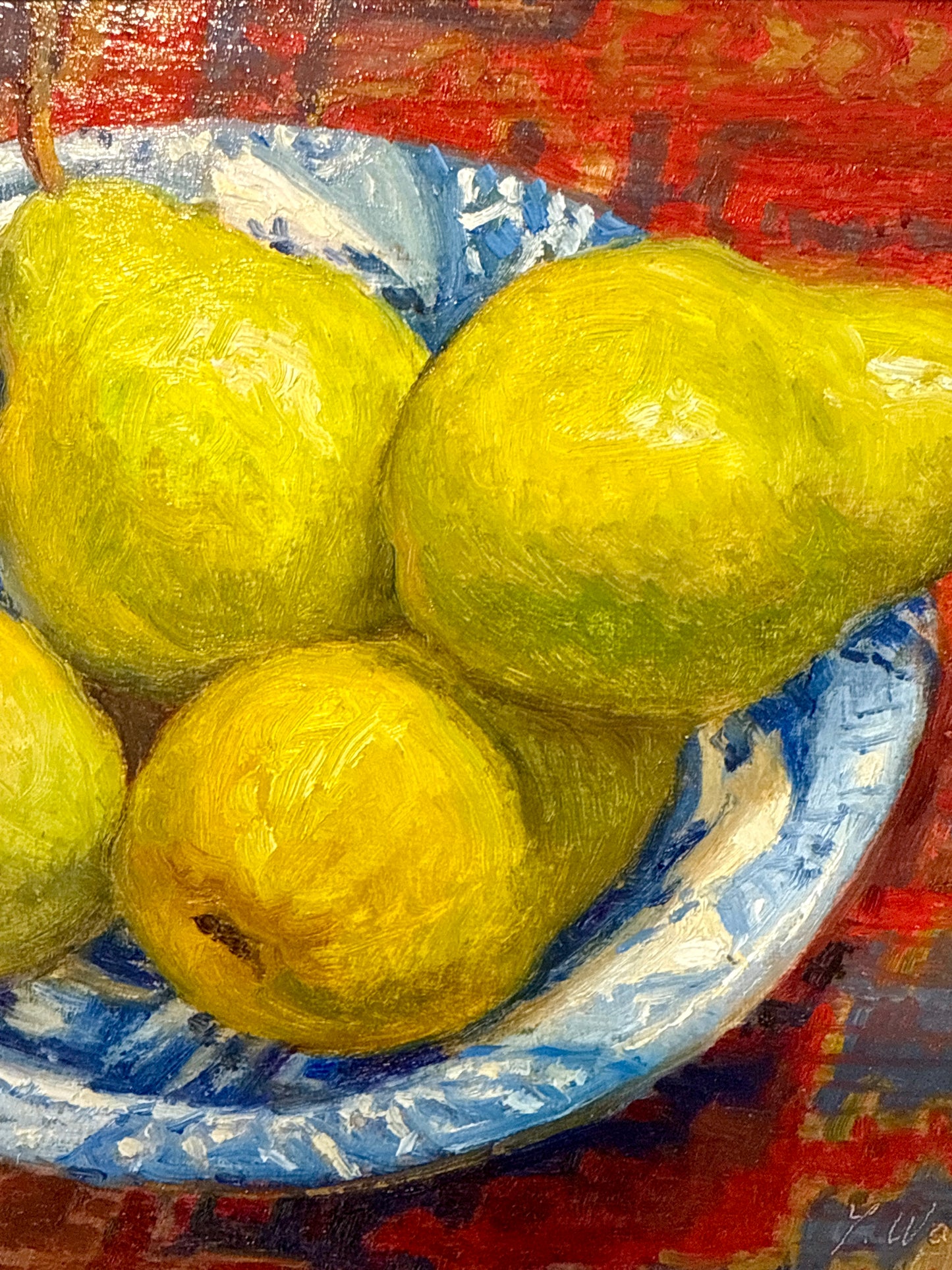 Youqing Wang Pears in Blue and White Bowl on Persian Rug Oil Painting