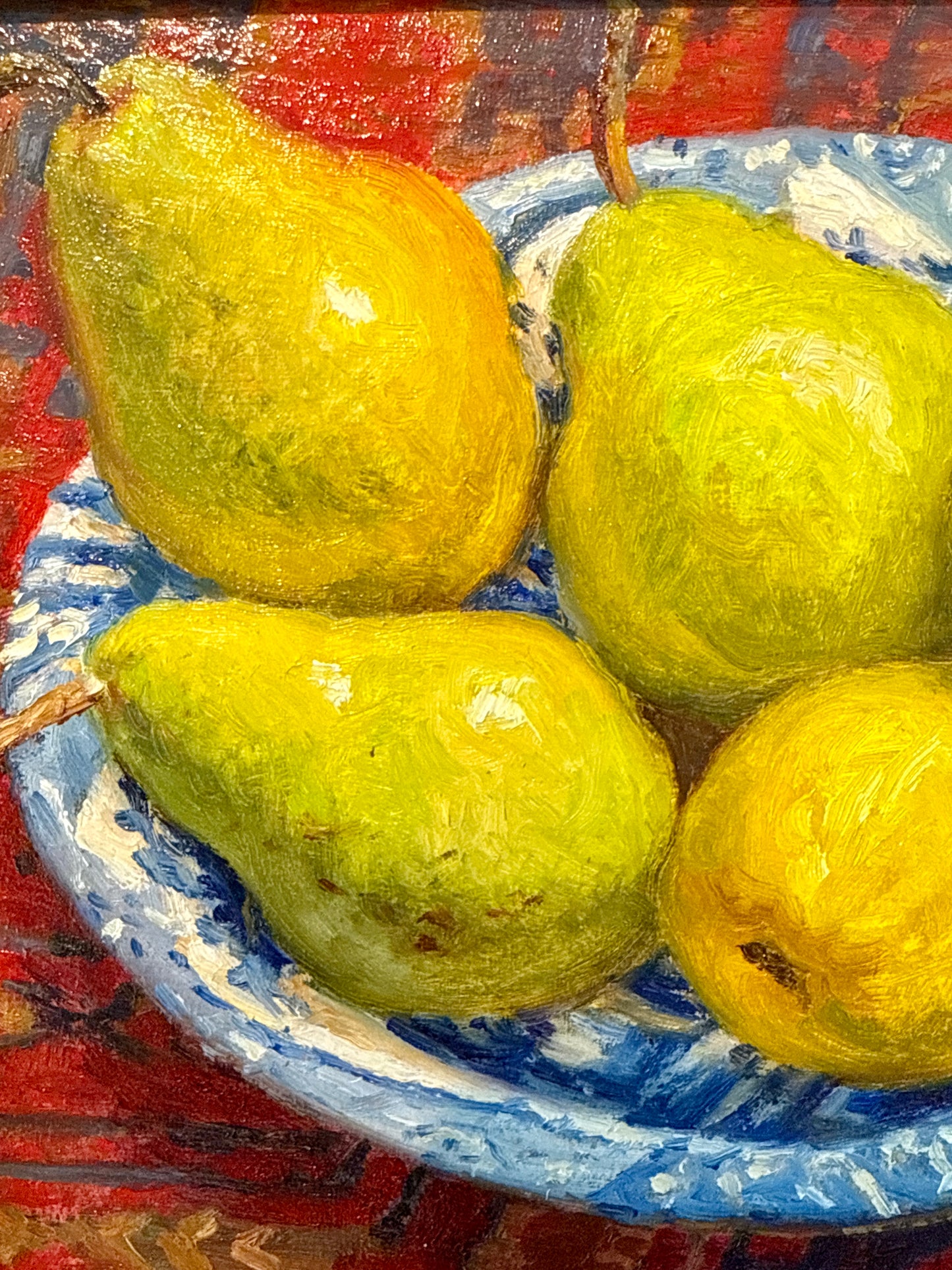 Youqing Wang Pears in Blue and White Bowl on Persian Rug Oil Painting