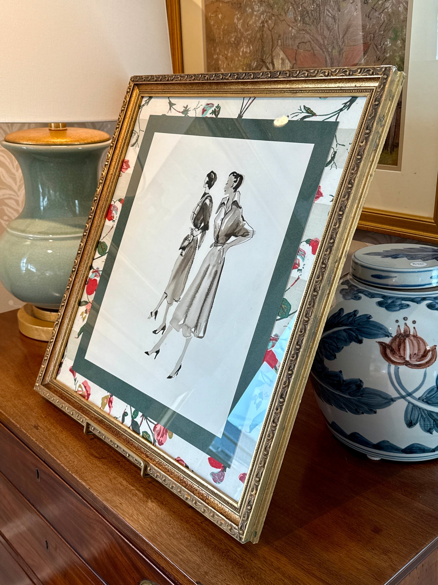 Mid Century Fashion Watercolor Ladies Portrait on Cowtan and Tout Sweetpea Fabric in Gold Frame