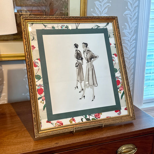 Mid Century Fashion Watercolor Ladies Portrait on Cowtan and Tout Sweetpea Fabric in Gold Frame