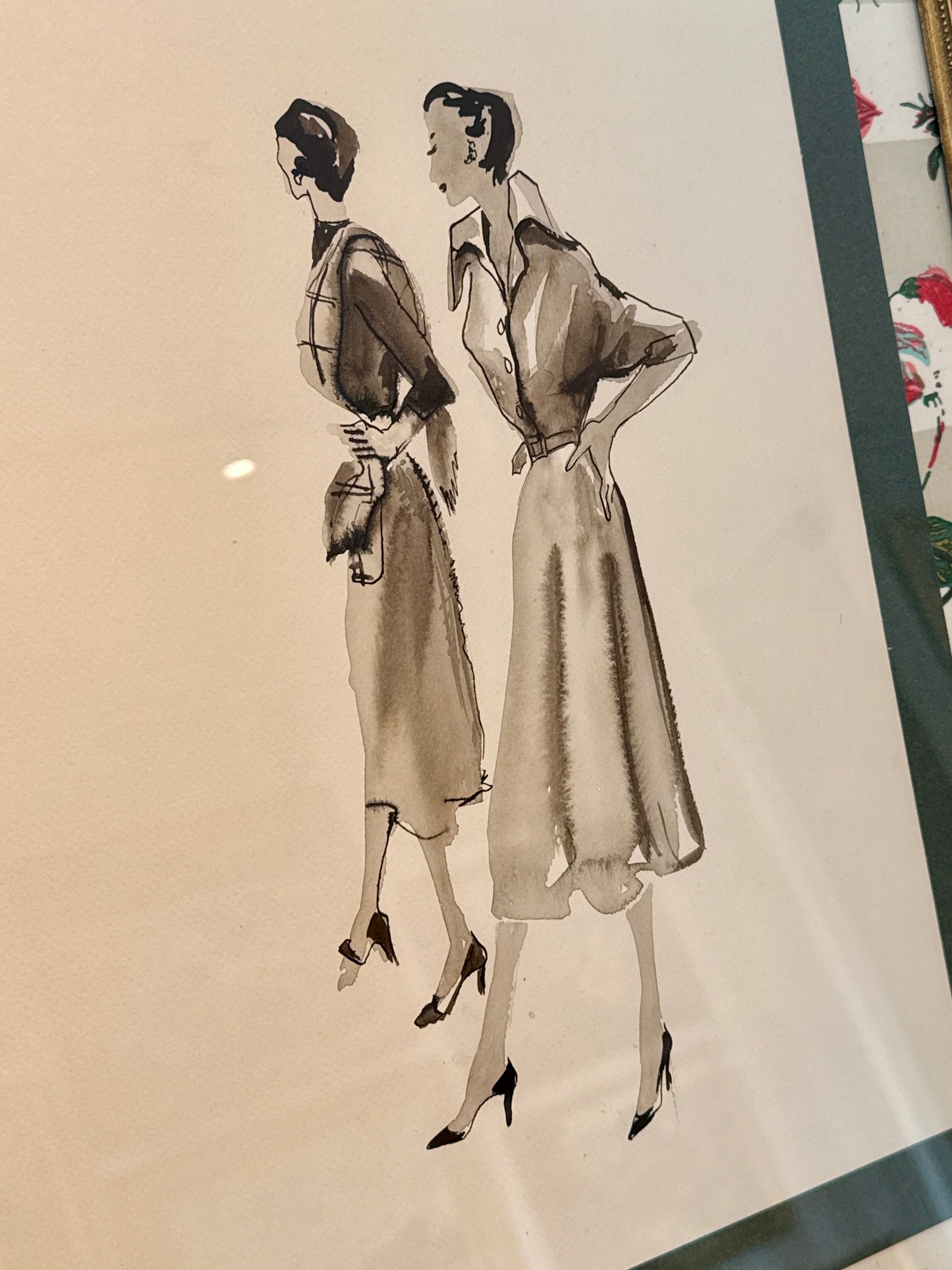 Mid Century Fashion Watercolor Ladies Portrait on Cowtan and Tout Sweetpea Fabric in Gold Frame