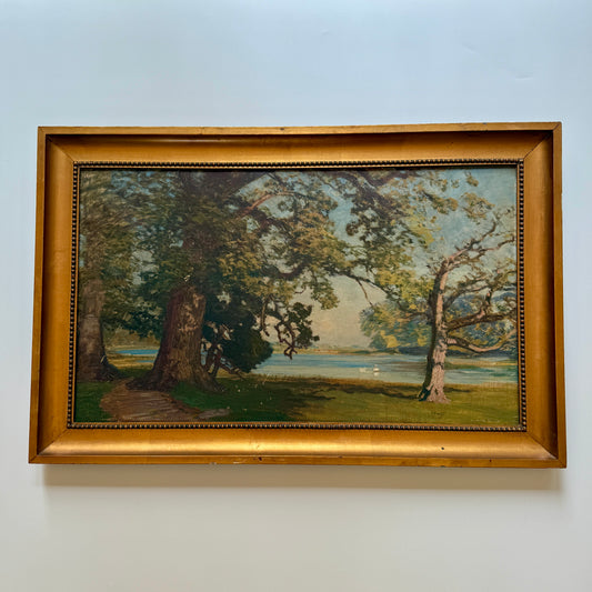 Early-Mid 20th Century Swans Saturday in the Park Lake Oil Painting in Gold Frame