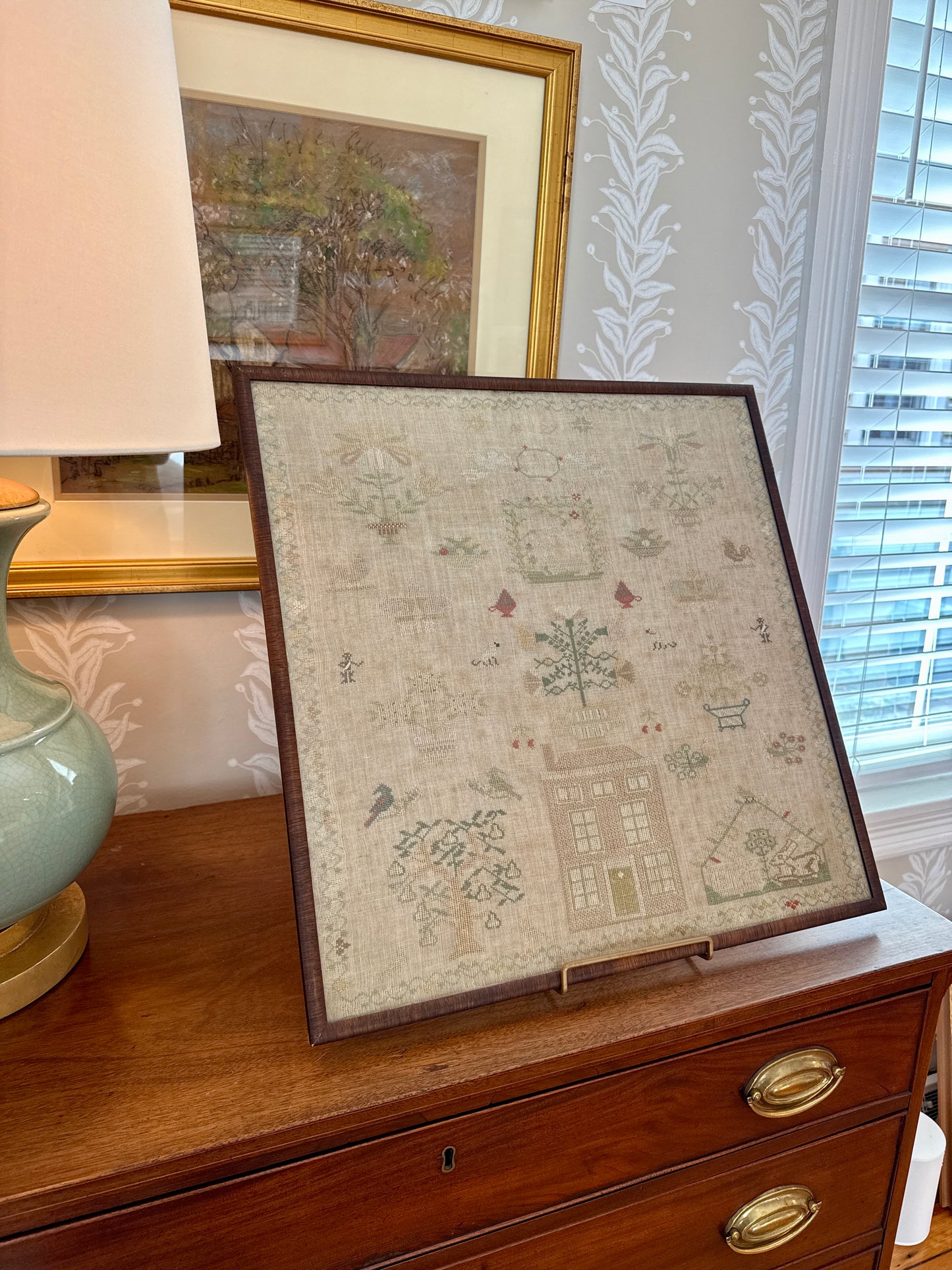 1827 Large Antique Silk on Linen Needlepoint Sampler with Strawberry Vine, House, Birds, Rabbits, Trees in Grained Wood Frame
