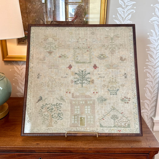 1827 Large Antique Silk on Linen Needlepoint Sampler with Strawberry Vine, House, Birds, Rabbits, Trees in Grained Wood Frame