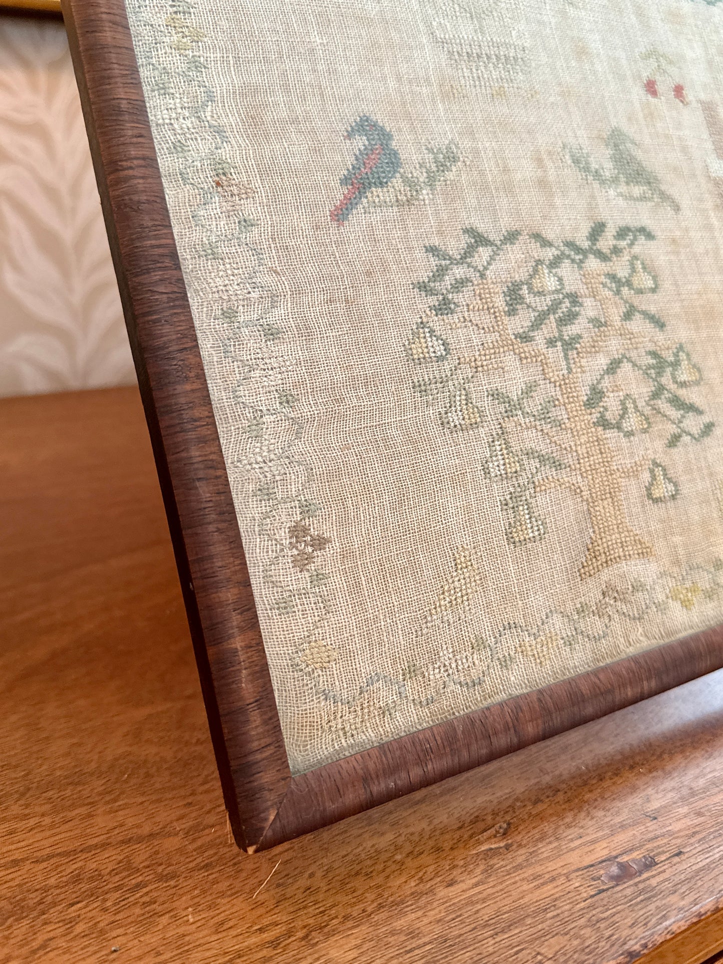 1827 Large Antique Silk on Linen Needlepoint Sampler with Strawberry Vine, House, Birds, Rabbits, Trees in Grained Wood Frame