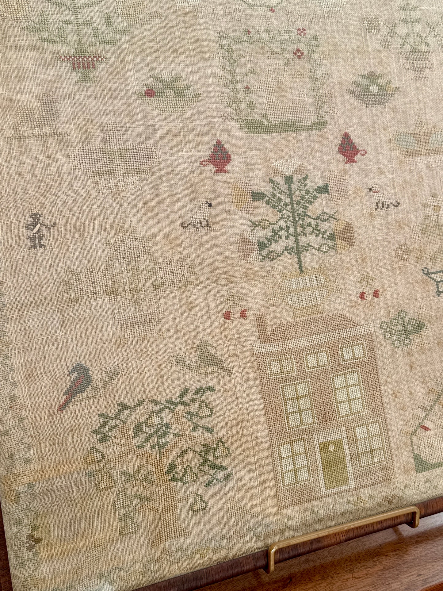 1827 Large Antique Silk on Linen Needlepoint Sampler with Strawberry Vine, House, Birds, Rabbits, Trees in Grained Wood Frame