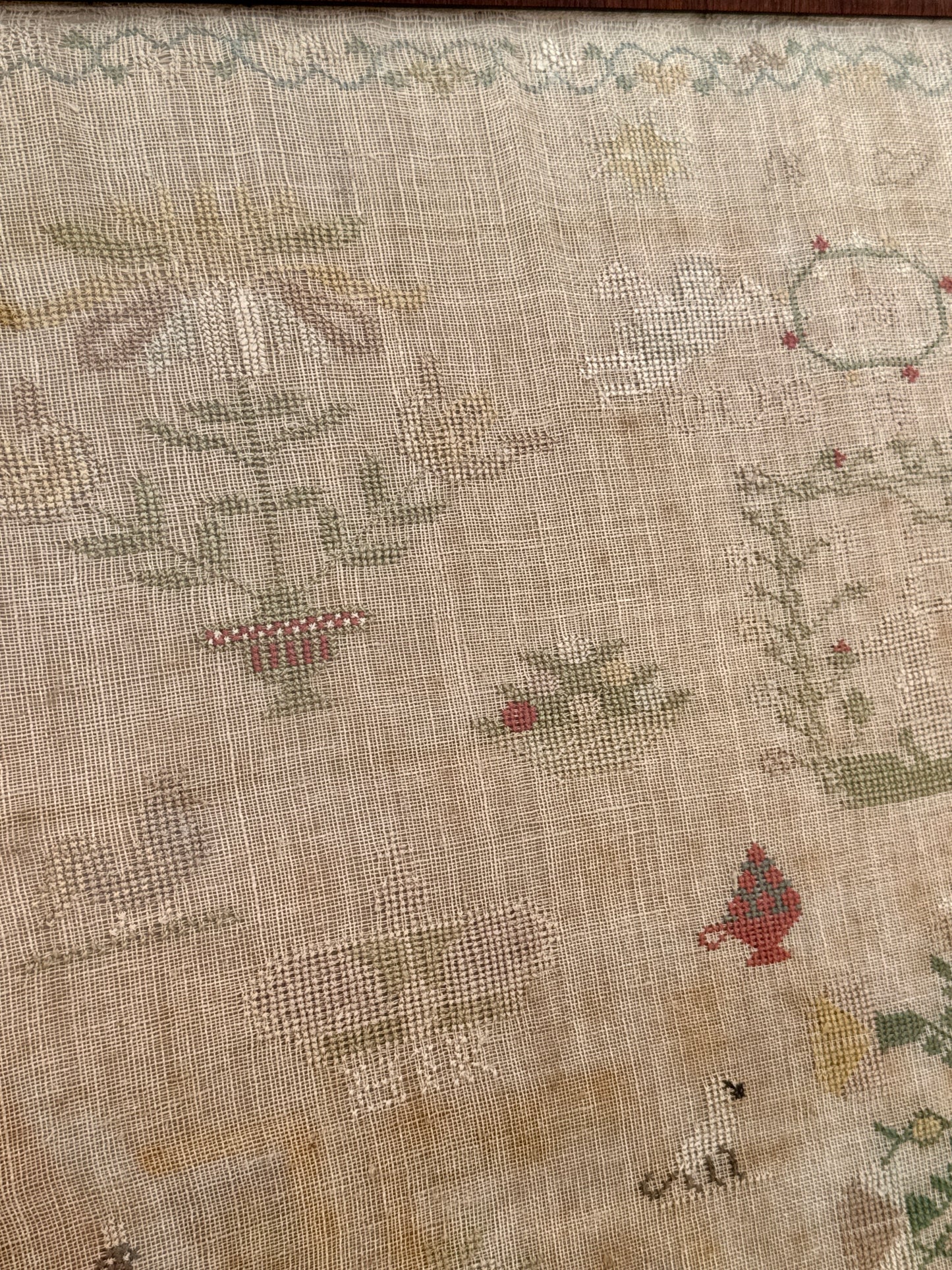 1827 Large Antique Silk on Linen Needlepoint Sampler with Strawberry Vine, House, Birds, Rabbits, Trees in Grained Wood Frame