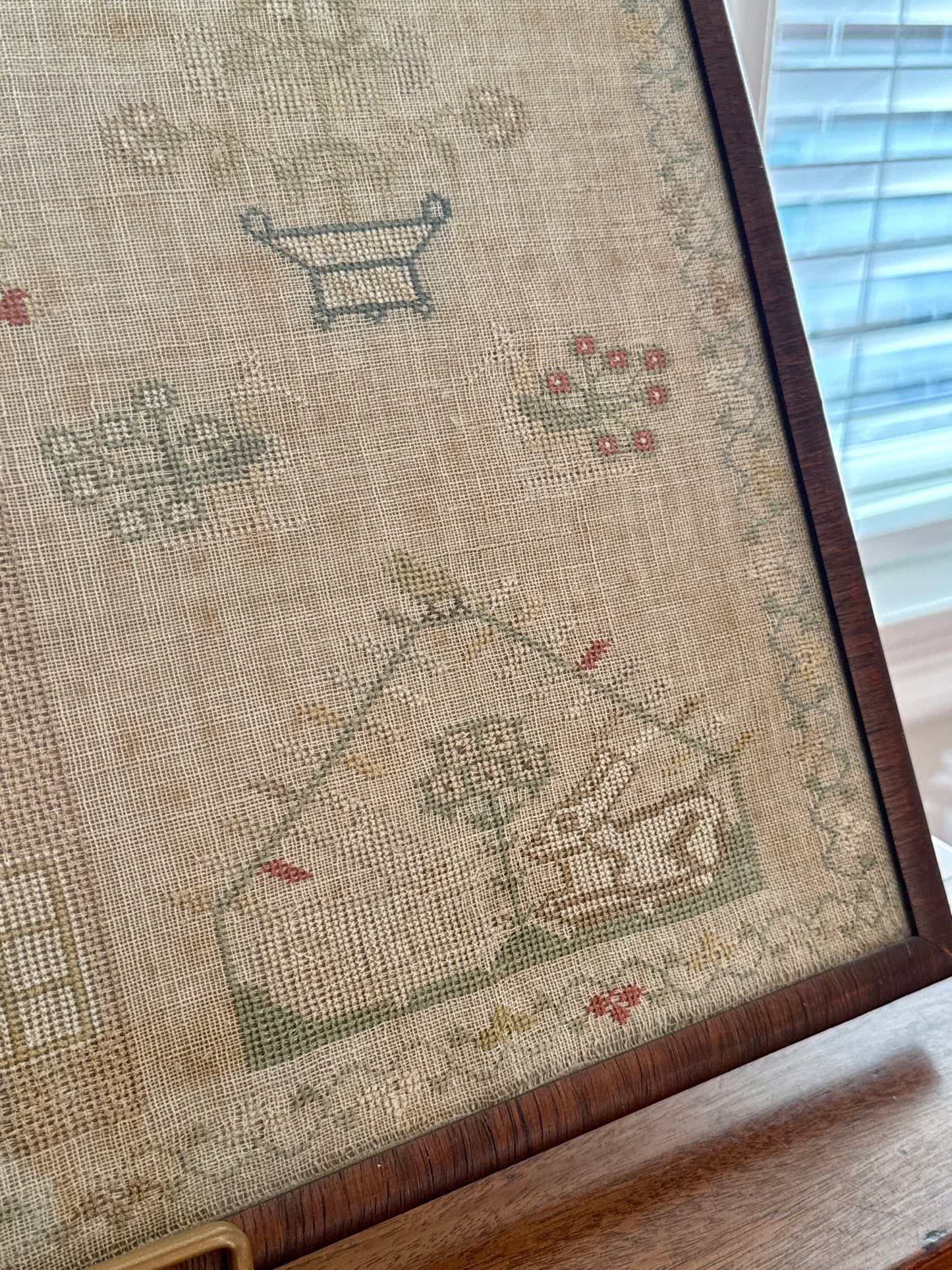 1827 Large Antique Silk on Linen Needlepoint Sampler with Strawberry Vine, House, Birds, Rabbits, Trees in Grained Wood Frame