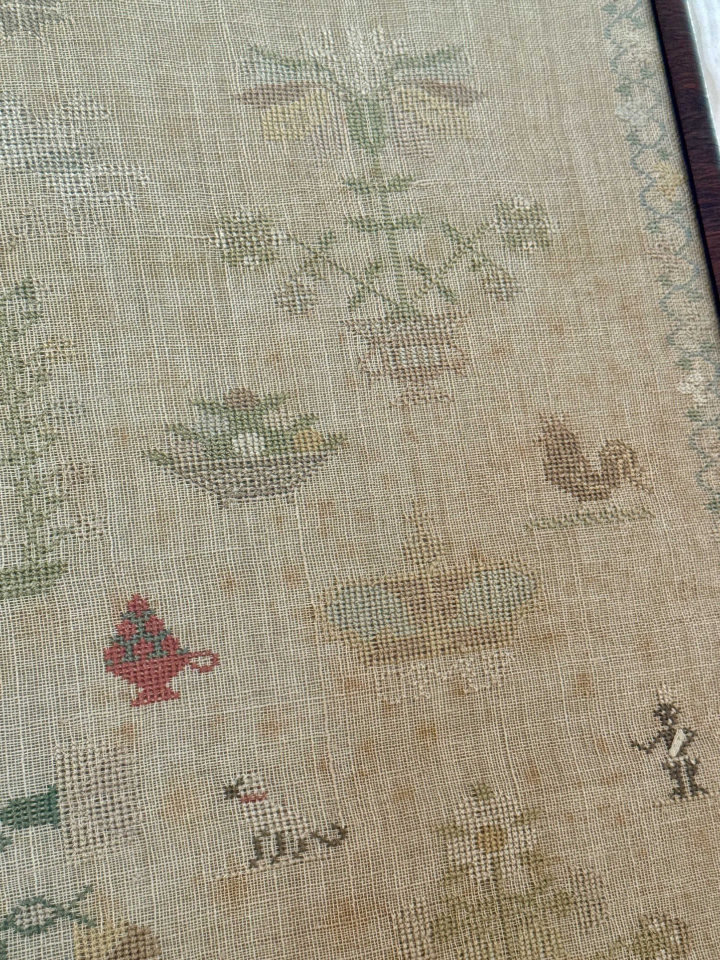 1827 Large Antique Silk on Linen Needlepoint Sampler with Strawberry Vine, House, Birds, Rabbits, Trees in Grained Wood Frame