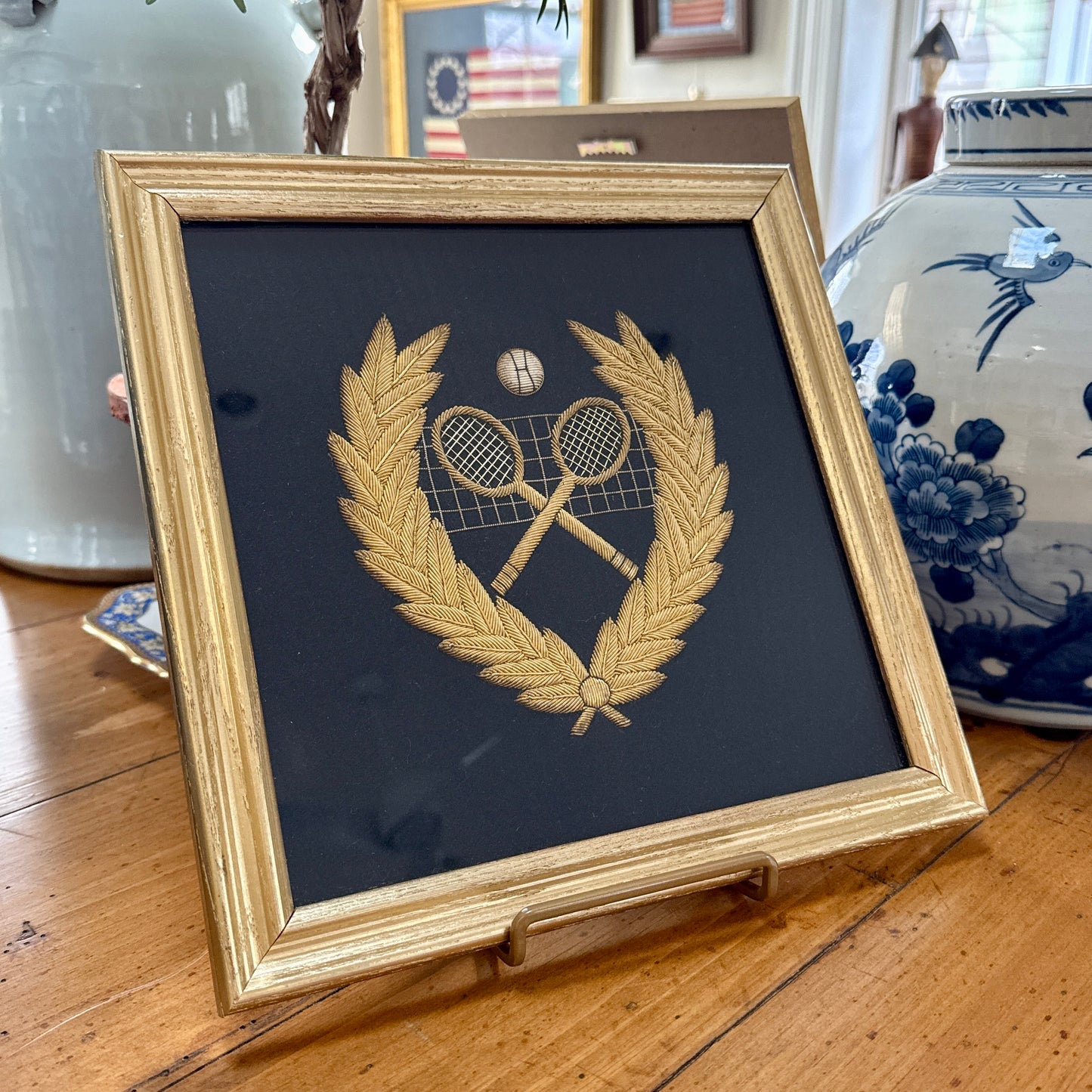 Tennis Racquet English Vintage Hand Embroidery Sample on Navy Velvet in Vintage Gold Frame