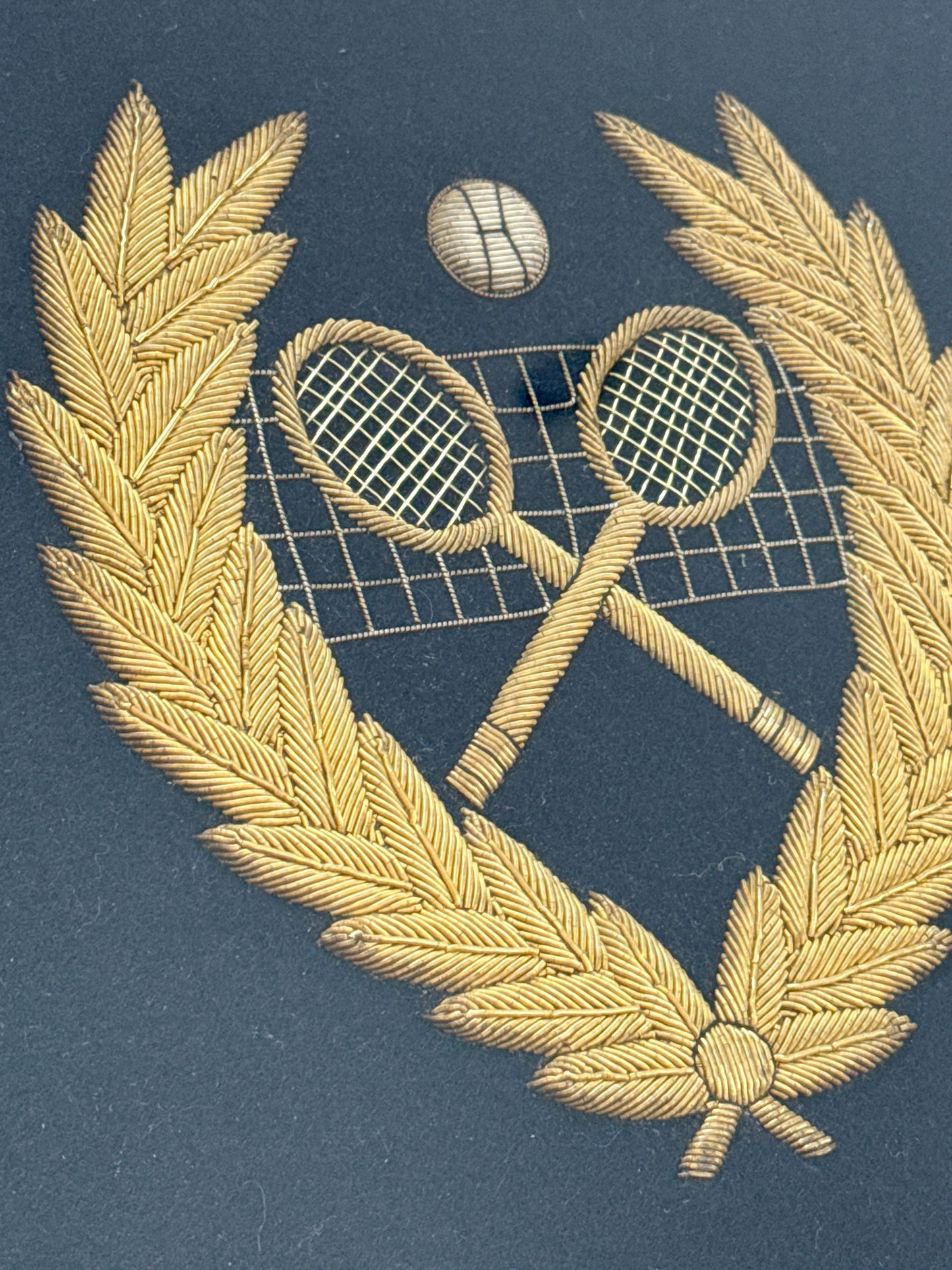 Tennis Racquet English Vintage Hand Embroidery Sample on Navy Velvet in Vintage Gold Frame