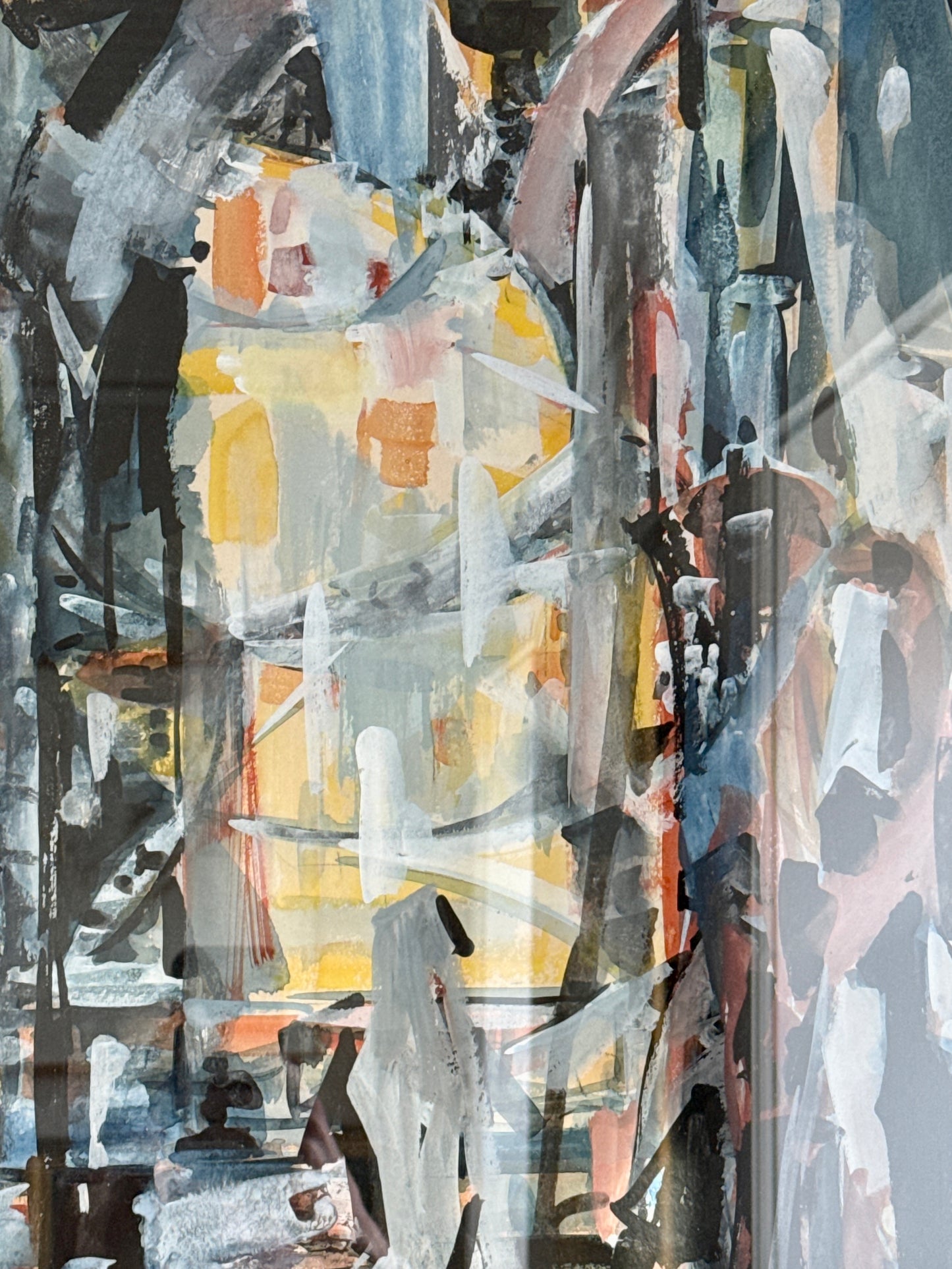 Richard Derby Tucker Abstract Mass at Sunrise Watercolor and Gouache Painting in Wood Frame