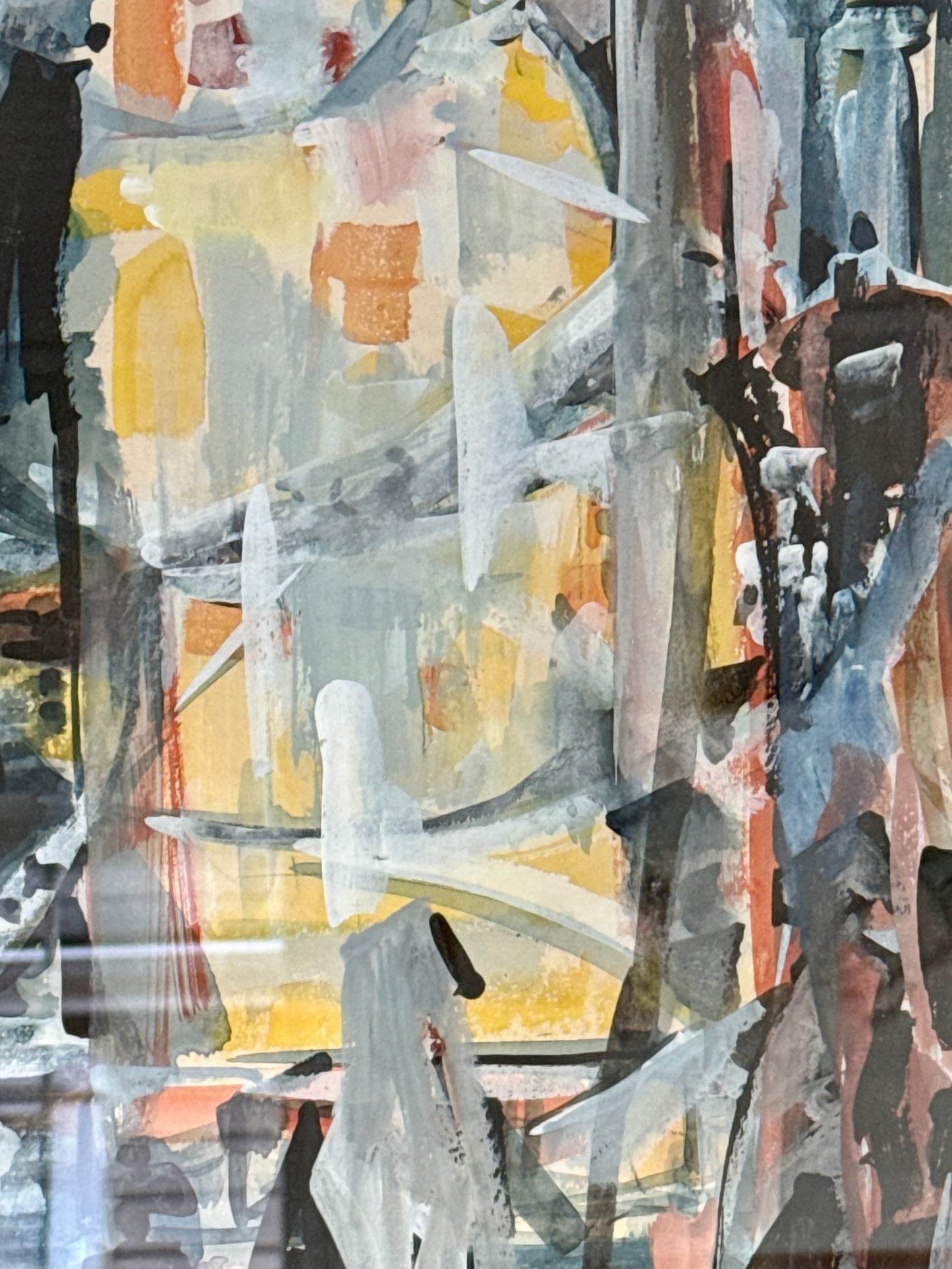 Richard Derby Tucker Abstract Mass at Sunrise Watercolor and Gouache Painting in Wood Frame