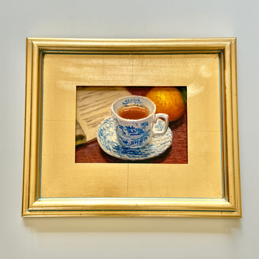 Blue and White China Cup of Tea with Book and Orange Still Life Oil Painting in Gold Frame
