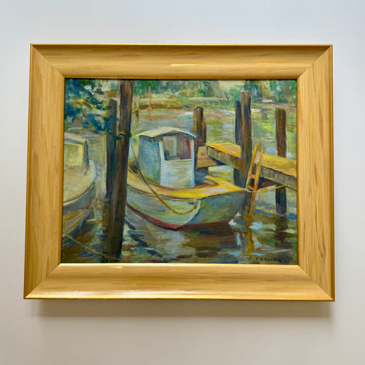 Marian D. Harris Boats Docked in Harbor Oil Painting in Gold Frame
