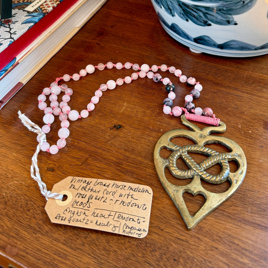 Antique English Horse Brass Heart Knot Medallion Rose Quartz and Rhodonite Beaded Hand Knotted Necklace