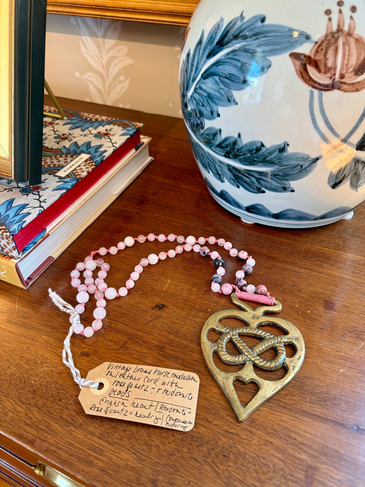 Antique English Horse Brass Heart Knot Medallion Rose Quartz and Rhodonite Beaded Hand Knotted Necklace