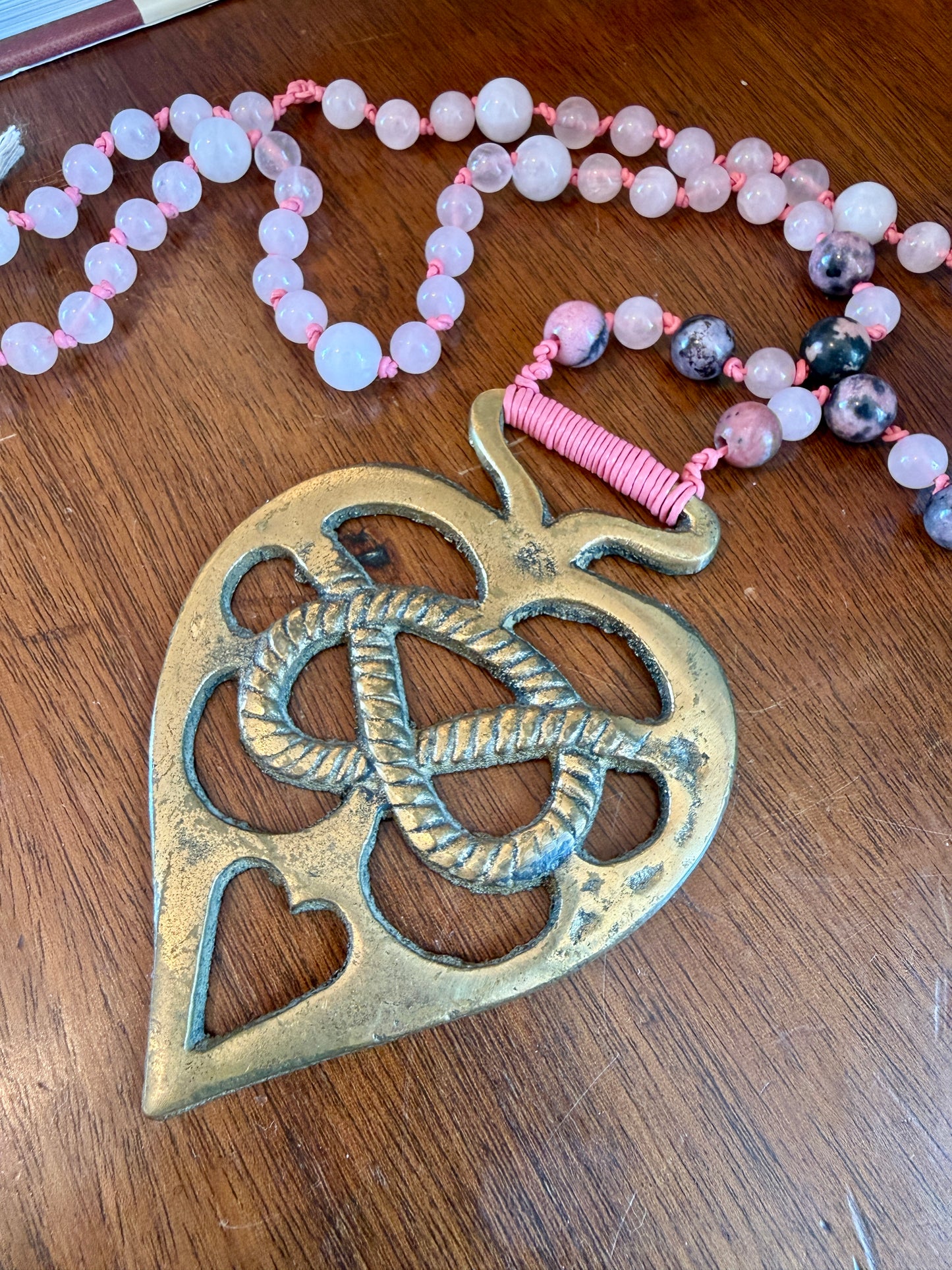 Antique English Horse Brass Heart Knot Medallion Rose Quartz and Rhodonite Beaded Hand Knotted Necklace