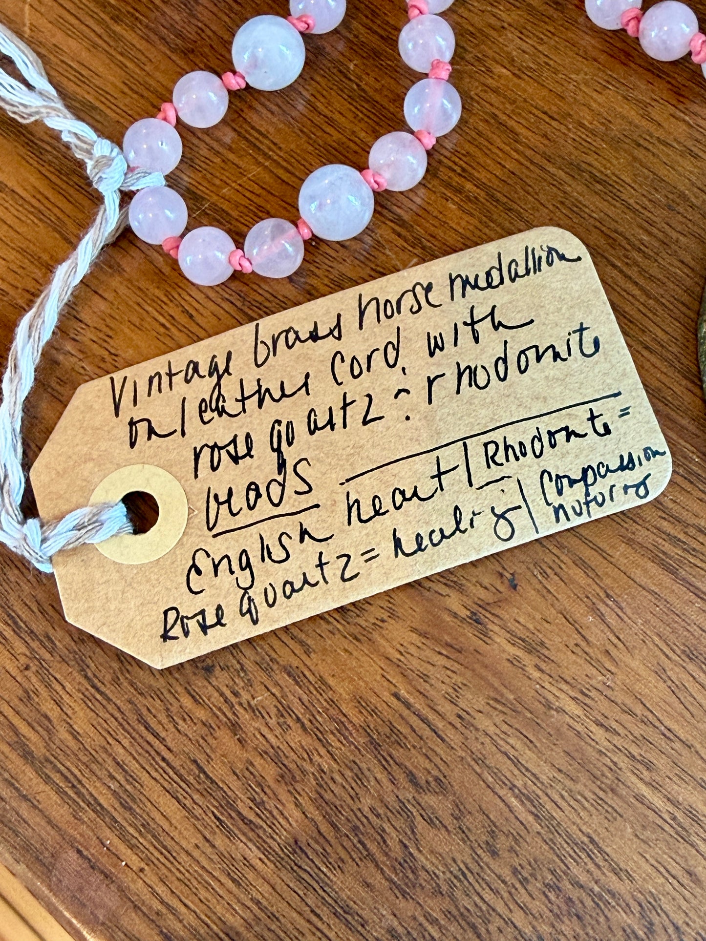 Antique English Horse Brass Heart Knot Medallion Rose Quartz and Rhodonite Beaded Hand Knotted Necklace