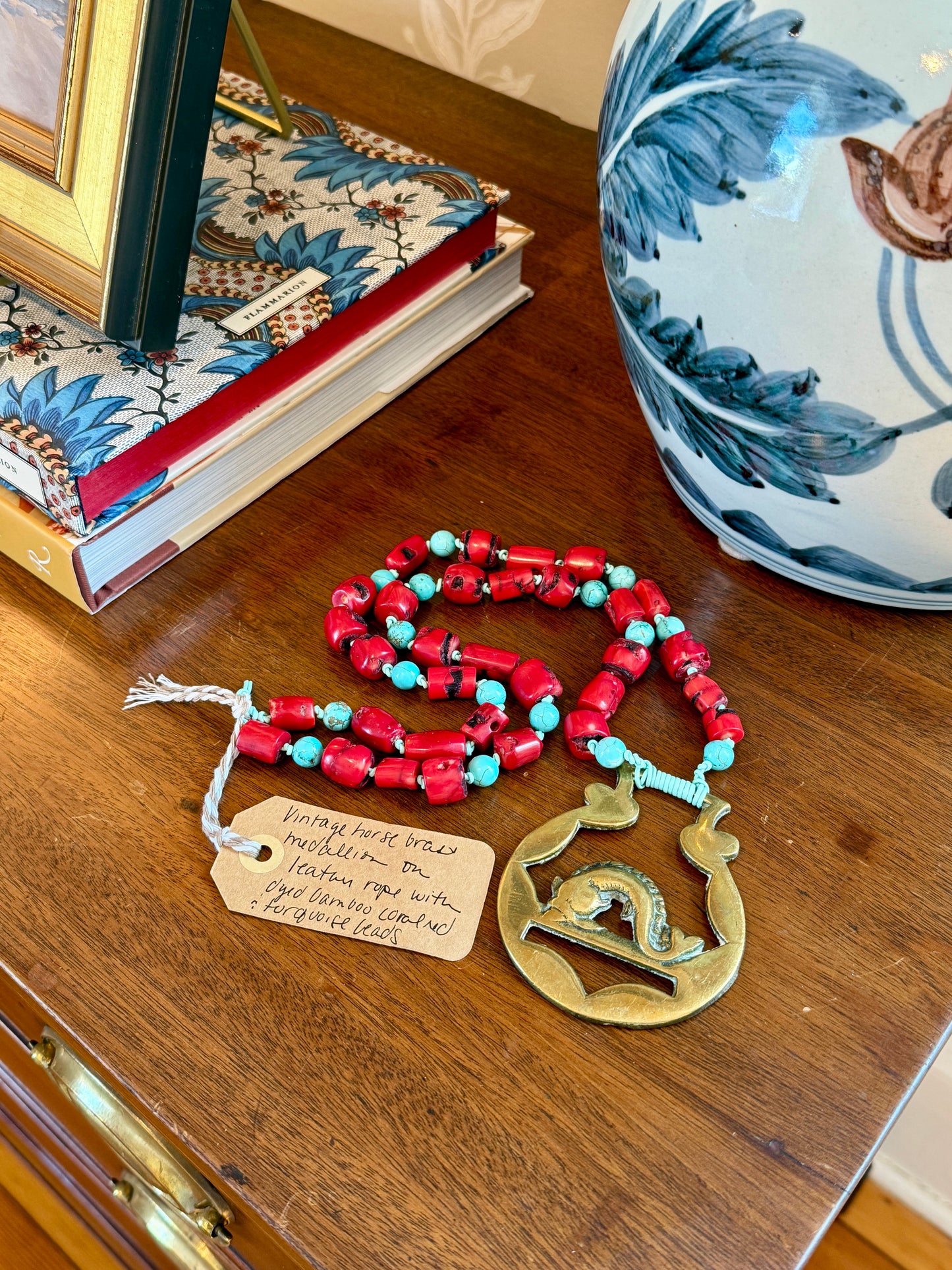 Antique English Horse Brass Fish Medallion Red Bamboo Coral and Turquoise Beaded Hand Knotted Necklace