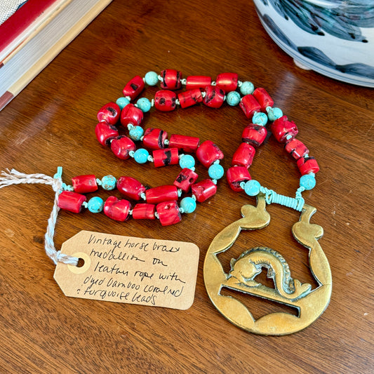 Antique English Horse Brass Fish Medallion Red Bamboo Coral and Turquoise Beaded Hand Knotted Necklace
