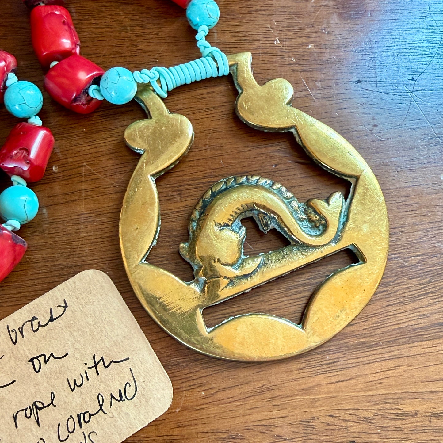 Antique English Horse Brass Fish Medallion Red Bamboo Coral and Turquoise Beaded Hand Knotted Necklace