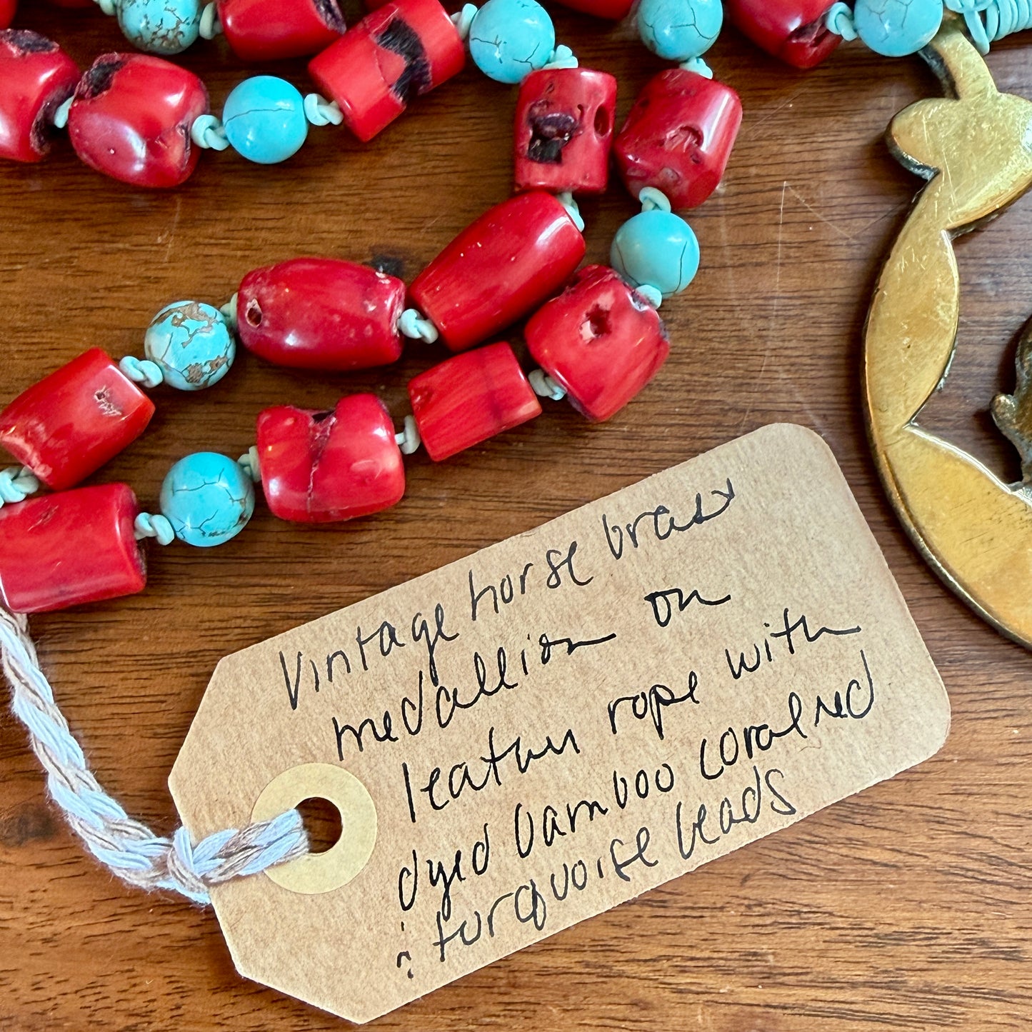 Antique English Horse Brass Fish Medallion Red Bamboo Coral and Turquoise Beaded Hand Knotted Necklace